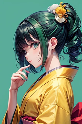 Crea una chica de cabello color amarillo con mechones verdes, ojos verdes, kimono 👘 de color naranja y una rosa azul en el cabello 