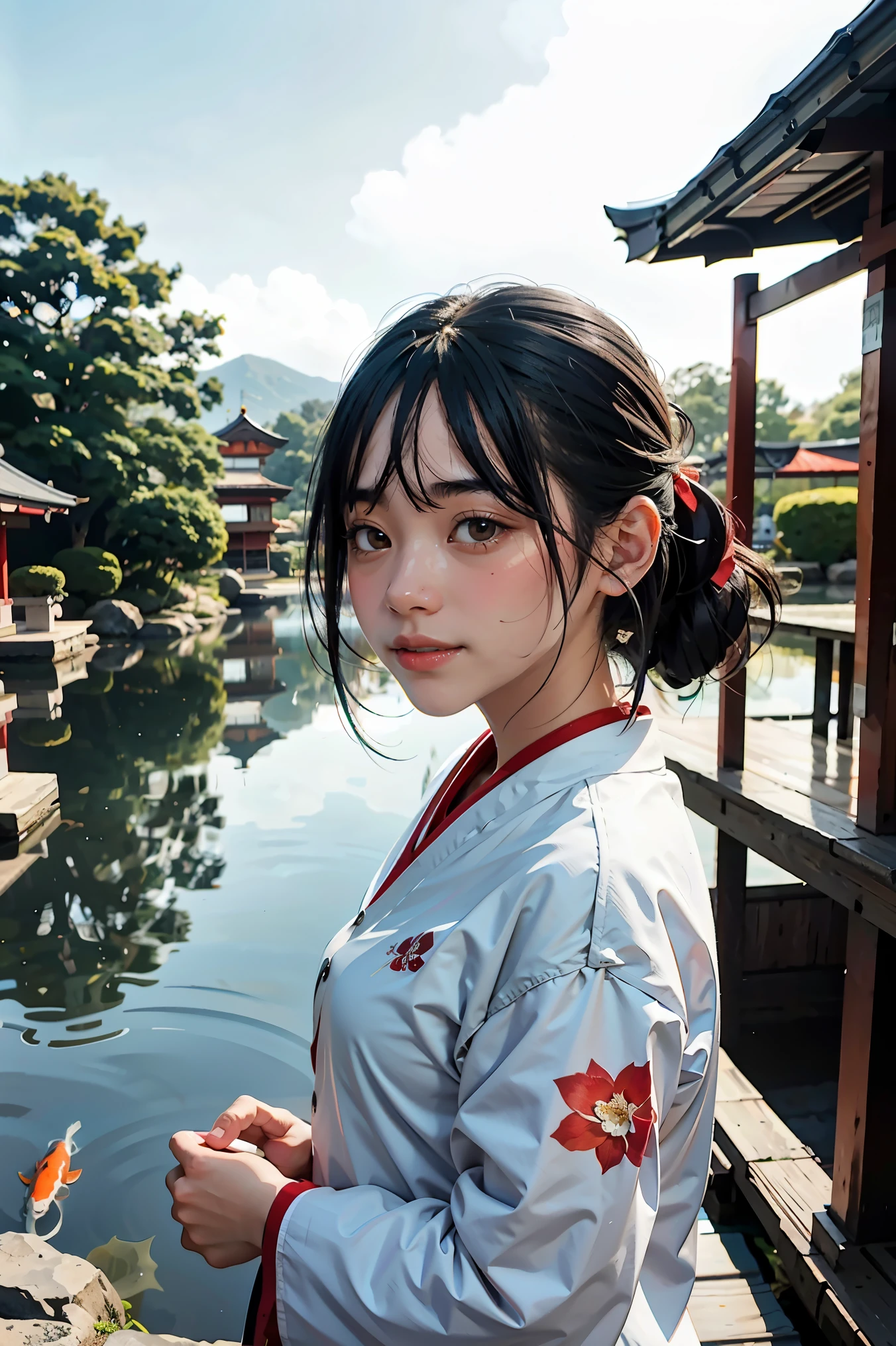 1girl, looking at the viewer, water, pond, lake, shrine, koi