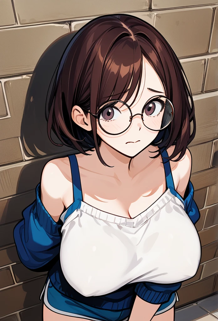 (mature woman, curvy body, big breast), (round hairstyle, bob hairstyle, brunette hair), oversized hazel sweater, (cute face, shy face, sheepish expression), round glasses, (embarrassed pose),  short pants, above view, (pinned on the wall, cornered by viewer, large shadow looming over) 