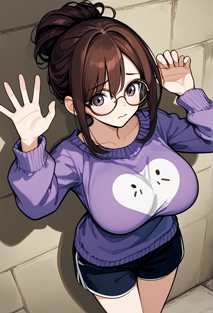 (mature woman, curvy body, big breast), (round hairstyle, bob hairstyle, brunette hair), oversized hazel sweater, (cute face, shy face, sheepish expression), round glasses, (embarrassed pose),  short pants, above view, (pinned on the wall, cornered by viewer, large shadow looming over) 