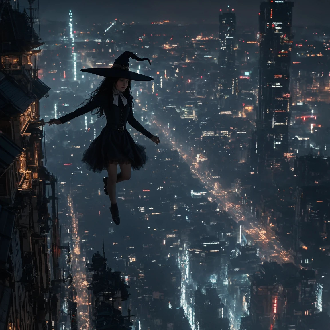 Shure jumps over,  One girl, masterpiece, highest quality,
(city, magic:1.3)
Ridiculously long hair,  (witch:1.4),Very long hair,