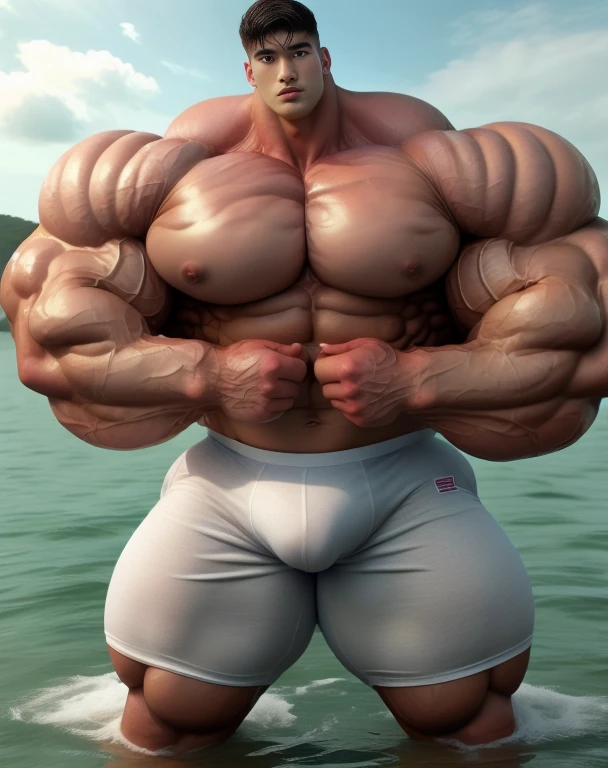 1 asian boy, handsome, giant, undercut black haircut, model shoot style, looking at camera, standing, stubble, outdoor, at the large ocean, strong body, bulk, shirtless, wear white underpants, bulge, big, brutalmass, giant, muscular body, bulk, massive body, large meaty body size, brown veiny skin, big arms, ballooning meaty pecs, big butt. wet, UHD, Realistic, intricate detail