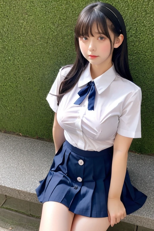 White short-sleeved button-front shirt、Navy blue mini skirt、high school girl、Transparent nipples、Swollen clitoris、Spread your legs wide and show them off、Large ribbon on the chest、No underwear、No bra、Long black hair、ponytail、Big Breasts、Embarrassed expression、Droopy eyes、Knee-high socks、highest quality