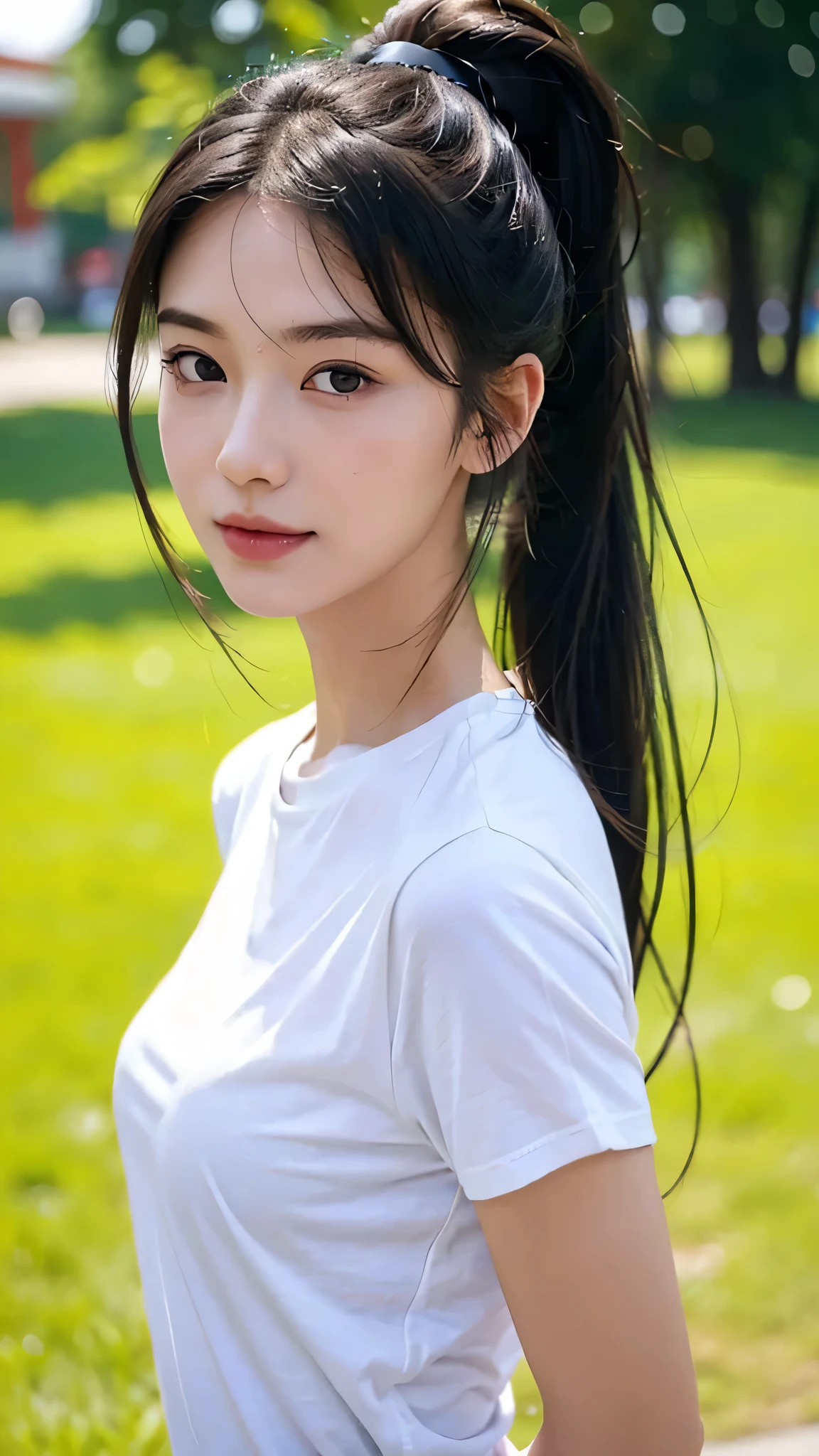 Black underwear shows through the white T-shirt,jeans,outdoors,Urban Park,On the lawn,One woman,close up face,fully body photo,masutepiece, The highest image quality, High quality, the background is clear，Beautiful woman, Japanese, Detailed, Detailed eyes, Detailed skin, Beautiful skin, 超hight resolution, (reality: 1.4),Very beautiful woman, Slightly younger face, Beautiful skin, slender, (Ultra photo realsisim), (hight resolution), (8K), (Very detailed) (beautifully detailed eyes), (super detailed),   (Detailed face), view the viewer, Fine details, Detailed face, Staring straight ahead, Staring straight ahead, photos realistic, Bright lighting, Professional Lighting, Black hair,poneyTail,a baby face,sixteen years old,Hairstyle: ponytail,Long ponytail hairstyle,slight smile,