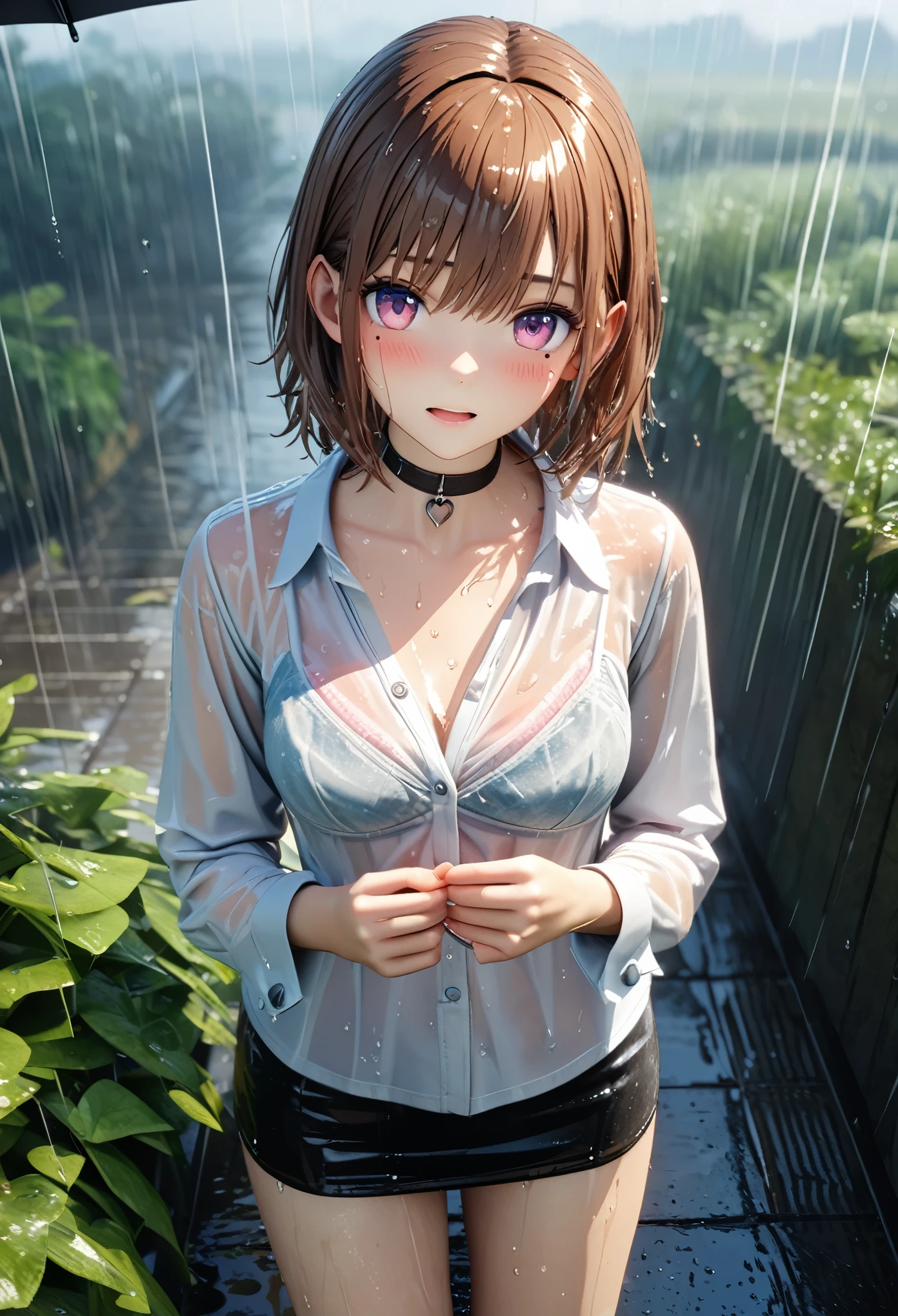 masterpiece, best quality, highly detailed, high resolution, expensive resolution, high resolution, 4K, 8k, Unity 8k wallpaper, highly detailed CG, masterpiece, 2D, 3D, beautiful details, depth, fine texture, best quality: 1.3, perfect focus, clear skin, him, rain, wet, wet clothes: 1.2
Very cute anime girl, (bra visible through white blouse wet with pouring rain, miniskirt), large breasts, expensive brown hair, one girl, rain, (raindrops dripping from wet hair, bra visible through thin blouse wet with rain, miniskirt), mole under eye, looking at viewer, expensive, blush, mole, open lips, heart, pink eyes, choker, white transparent bra