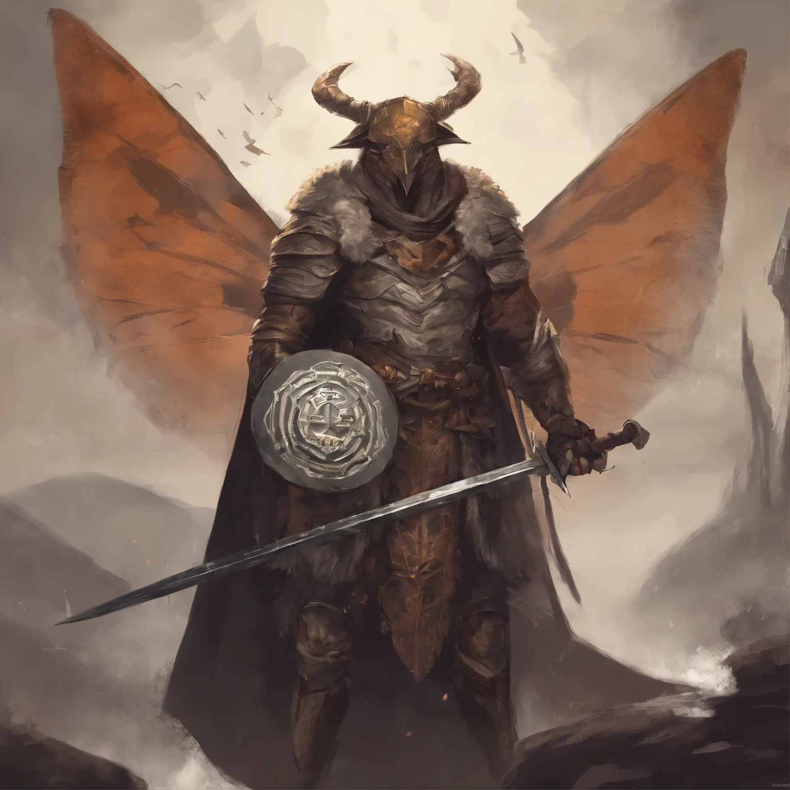 mothfolk holding sword and shield in hand detailed epic shiled sword 