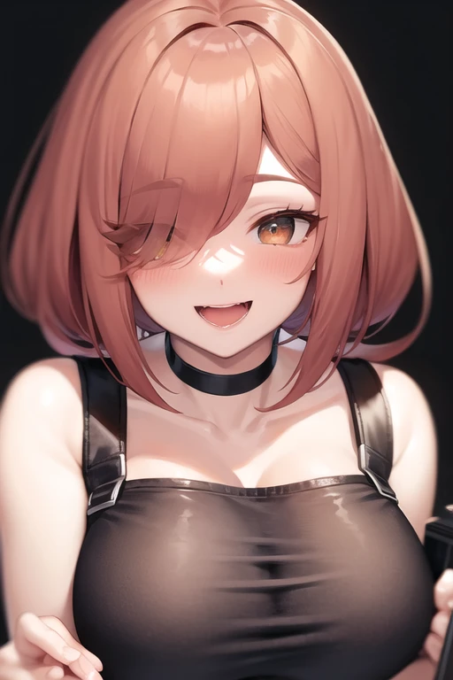 A masterpiece quality, ultra-detailed, high quality, high resolution portrait of an Argentine Vtuber named NimuVT. She has two-tone hair with short black hair with slightly messy bangs, long red hair with the interior colored black, and her hair partially covers her eyes. She has dark, penetrating brown eyes, and one eye is black and the other red. She has a thin, well-defined build and a busty figure. She is smiling with an open mouth, blushing, and wearing a black choker. She is dressed in torn black shorts, blue tennis shoes, and a pink cropped blouse with straps. She is holding an axe in her right hand, has a backpack on her back, and is wearing a jacket with bare shoulders. She is looking at the viewer against a black background.