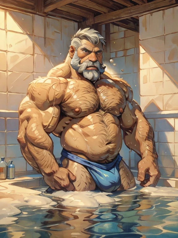 burly virile hairy man, a himbo muscle daddy, middle-aged dilf, hirsute, overmuscular and musclebound, bulging veiny muscles, bushy beard and thick mustache, grey hair, a bodybuilder's physique, a warrior's build, chest and belly covered with a lush and thick carpet of hair, hairy chest, hairy abs, hairy arms and legs, wet and covered in bubbles and white foam as he washes himself in the public bath, scrubbing his body