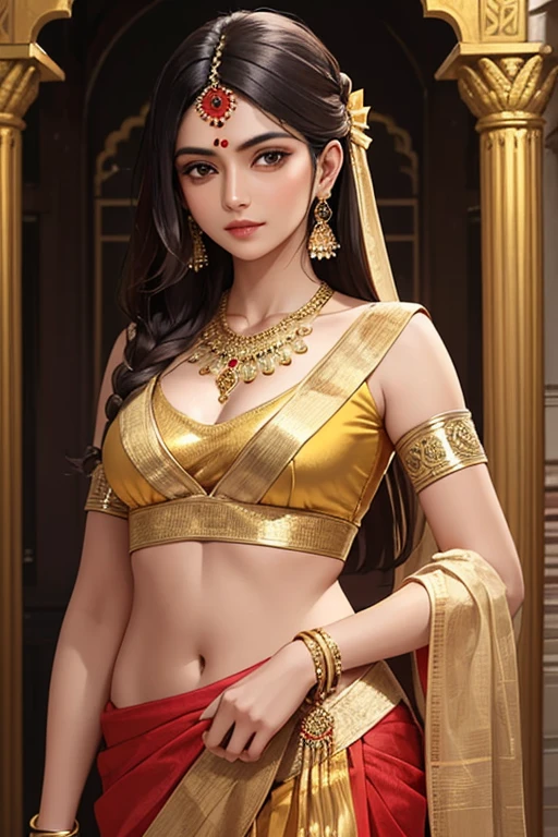 masterpiece ,best quality, A beautiful indian hindu woman in red gold plated saree with light hair, flowers, with a handsome man of dark complexion in indian gold plated dhoti with bare upper body with ancient indian male jewelry, neck length hair with  a bow and arrow