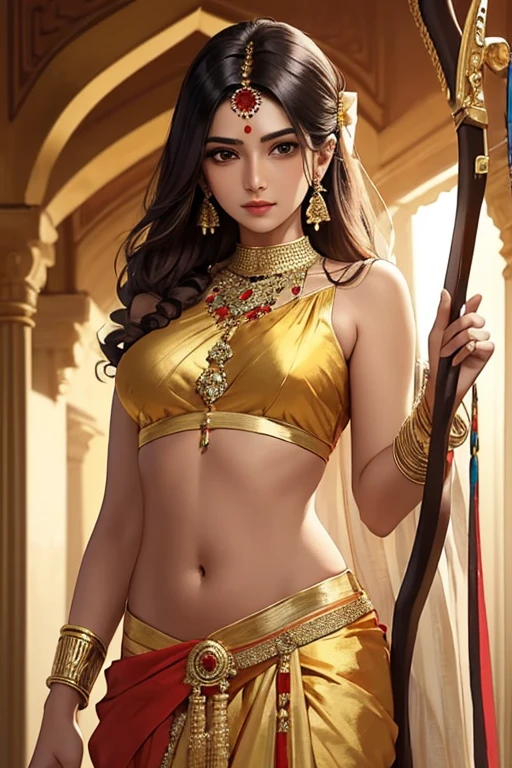 masterpiece ,best quality, A beautiful indian hindu woman in red gold plated saree with light hair, flowers, with a handsome man of dark complexion in indian gold plated dhoti with bare upper body with ancient indian male jewelry, neck length hair with  a bow and arrow