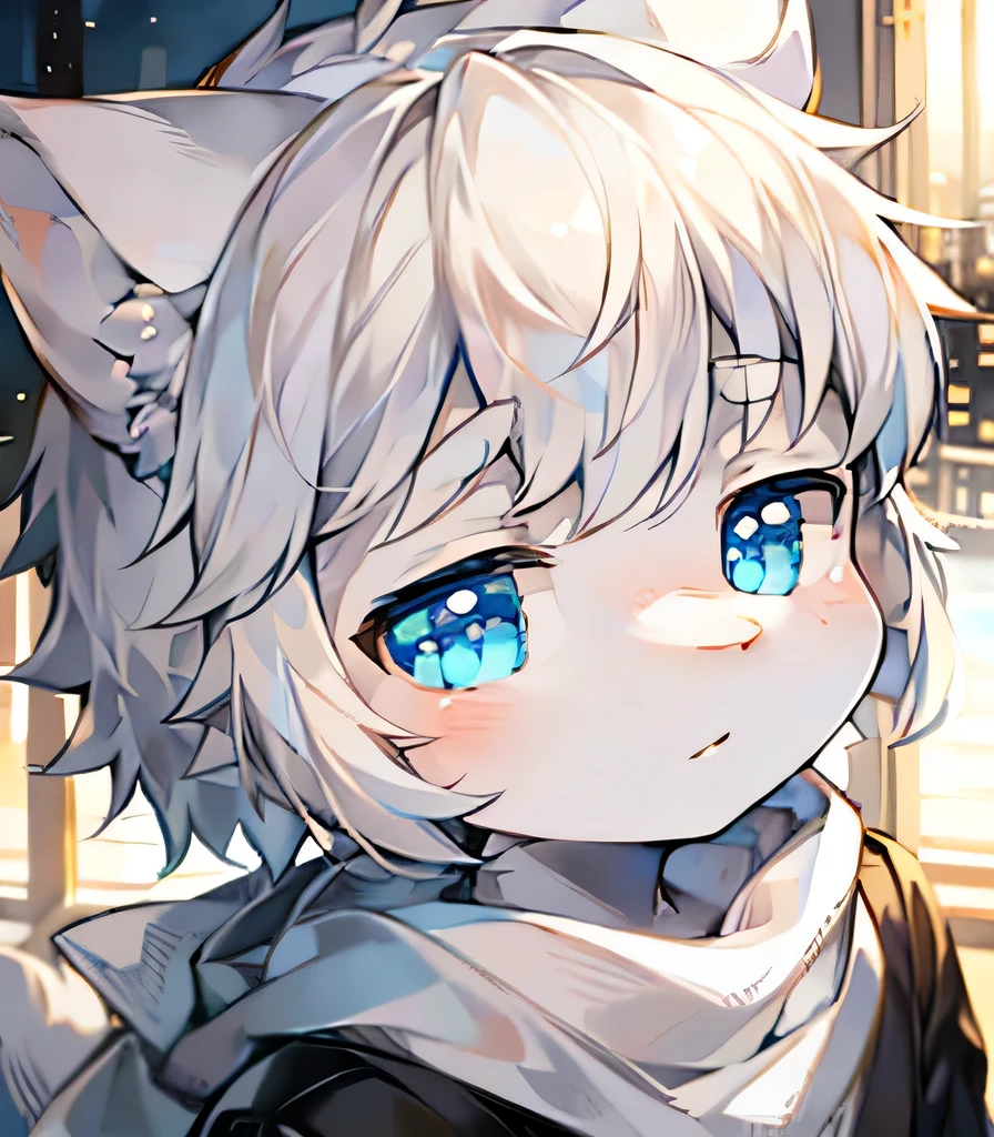 Highest image quality,masterpiece,Delicate hands,Delicate eyes,Normal eyes,Gray cat ears,hairy,white hair,Lovely,Handsome,((White scarf)),Cat Style,Shota, blue pupils, City night scene, white hair, By Bangs,Mottled light and shadow, Short and delicate hair,Humanity,With God's bright eyes, City,winter background,2022,Black clothing,solo,new year,Oval face,snowflake,Leisure