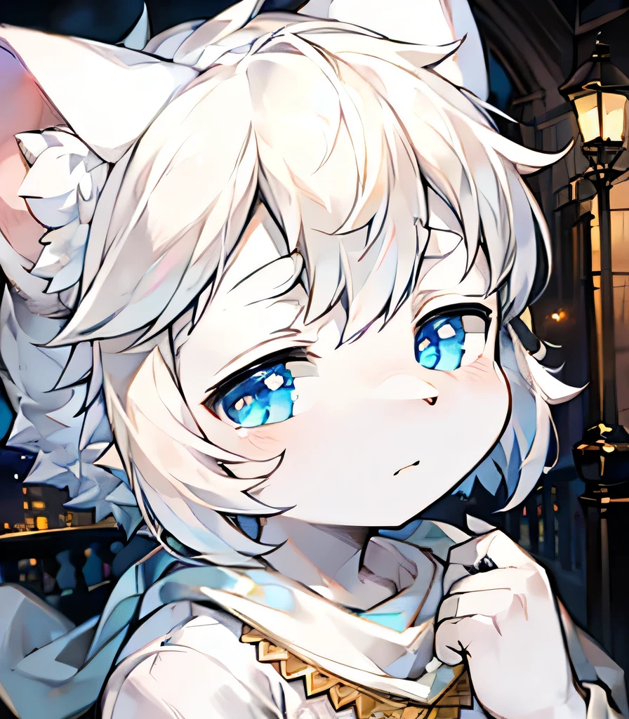 Highest image quality，masterpiece，Delicate hands，Delicate eyes，Normal eyes，Gray cat ears，hairy，white hair，Lovely，Handsome，（（White scarf）），Cat Style，Shota， blue pupils, City night scene, white hair, By Bangs，Mottled light and shadow, Short and delicate hair，Humanity，With God&#39;s bright eyes, City，winter background，2022，Black clothing，solo，new year，Oval face，snowflake，Leisure
