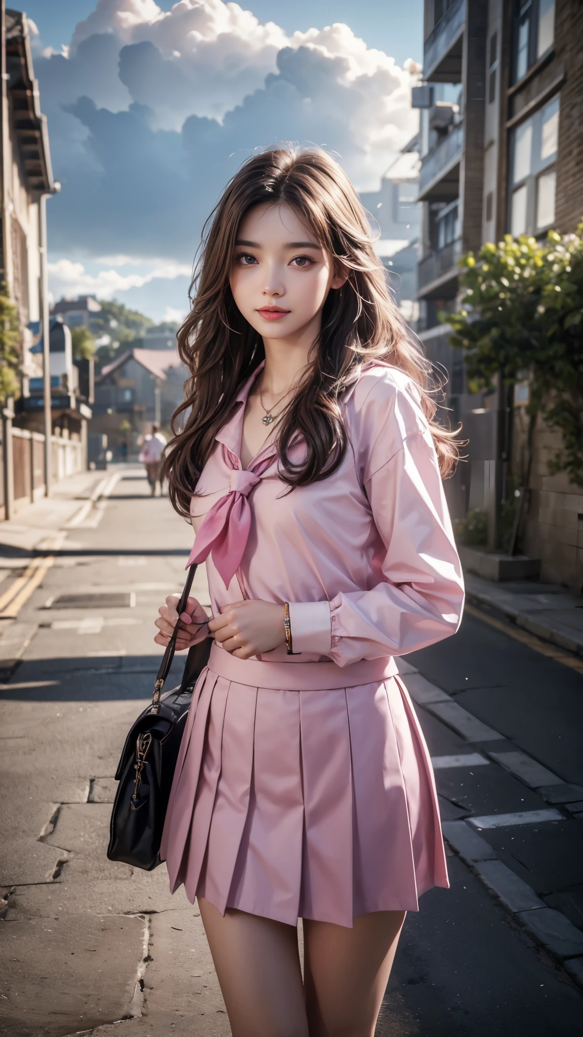 8K, UHD, masterpiece, 1 girl, good face, happy face, detailed eyes, very long hair, necklace, (school uniform), (pink skirt), tie, school bag, in the bridge, cloudy weather, realism, depth of field, 3d, unreal engine 5, ray tracing, flowing wind,