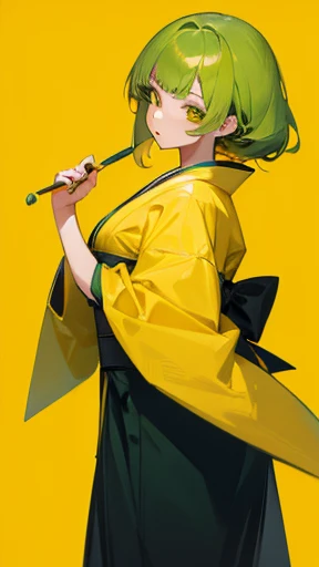 Crea una chica de cabello color amarillo con mechonesde cabello verdes, ojos verdes, kimono de color naranja