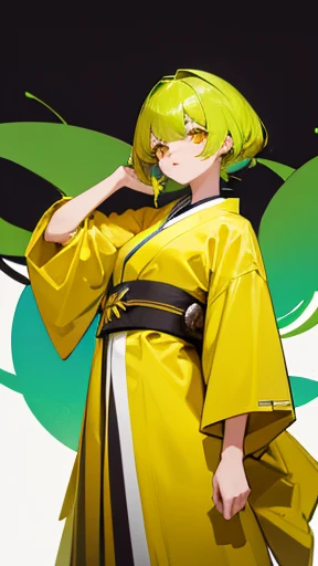 Crea una chica de cabello color amarillo con mechonesde cabello verdes, ojos verdes, kimono de color naranja  