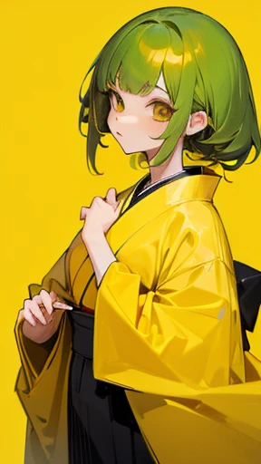 Crea una chica de cabello color amarillo con mechonesde cabello verdes, ojos verdes, kimono de color naranja