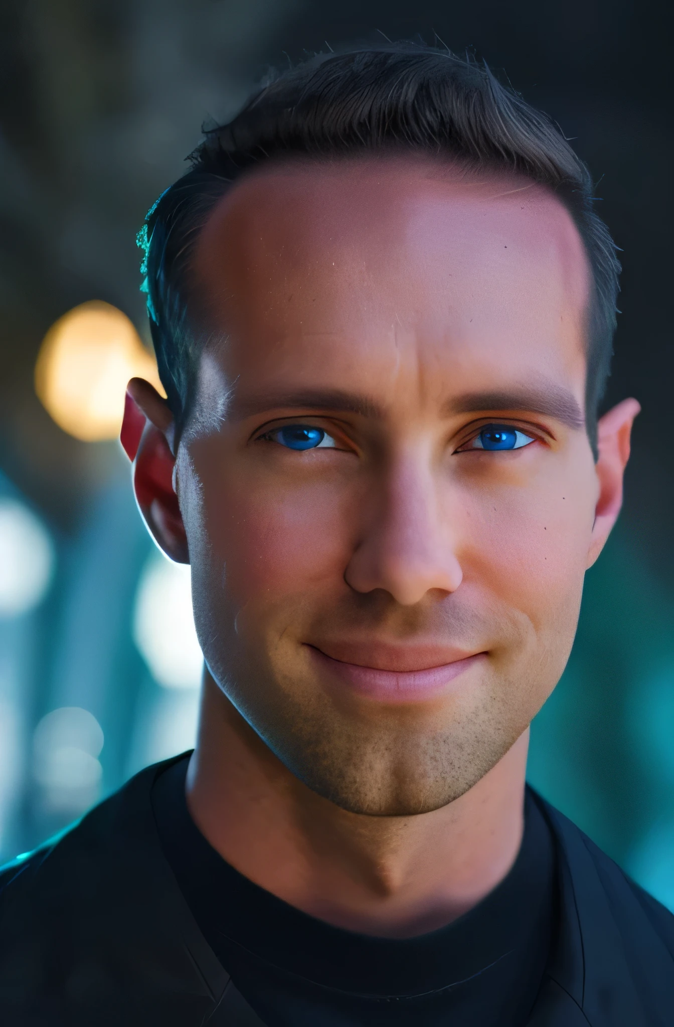 dark theme, ultra resolution, hyper realistic, hdr, absyrdres, cinematic shot, vignette, centered, short DOF, a closeup portrait of a man, Todder5 looking at camera, blue old eyes, short hair, camera focus on eyes, high focal length, dslr, 200mm lens, photo by Cristina Otero, dark studio, rim lighting, two tone lighting, dimly lit, low key, backlight, black shirt