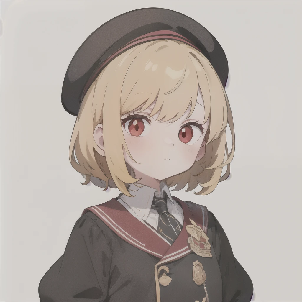 sticker, simple, illustration, cartoon, pretty girl,Berets, Line Art, White background, From the front, Red eyes,#13: Blonde Low Side Braid,Black long robe,Harry Potter style,England,Little Witch,Close your eyes,Hands together,pray🙏,(freckle)
