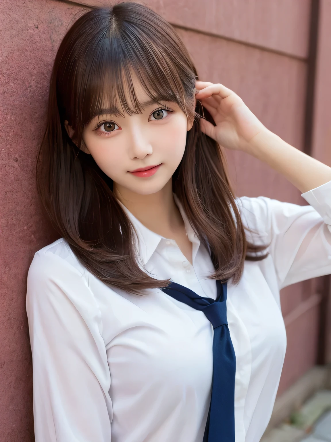 highest quality, figure, Pink Hair、sexy、slender、Navy blue tie、White shirt with front opening、Navy blue exy、Shapely small breasts、sexy、sexy、Very detailed, Fine details,Slim body、slender、Japanese girl、 High resolution, 8k,wallpaper, Perfect dynamic composition, Beautiful fine details, Short Twin Tails、Big Natural Color Lip, smile、Cold Stare,、Cute type、Lolita、Good Eyesle body,Pink wall,Sexy thighs are visible、