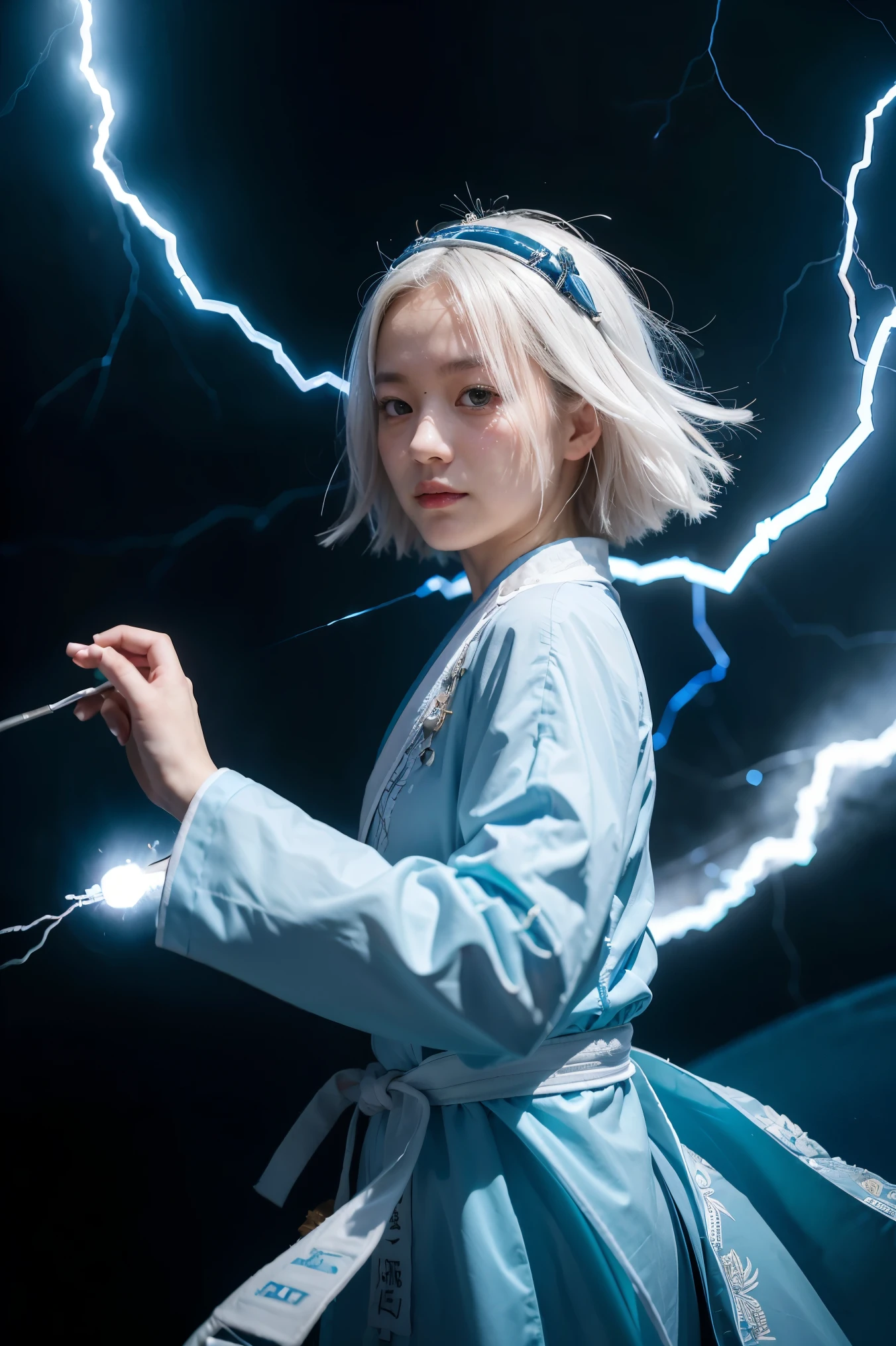 White-haired middle-aged woman with lightning bolts in his hands, blue Daoist robes, strong