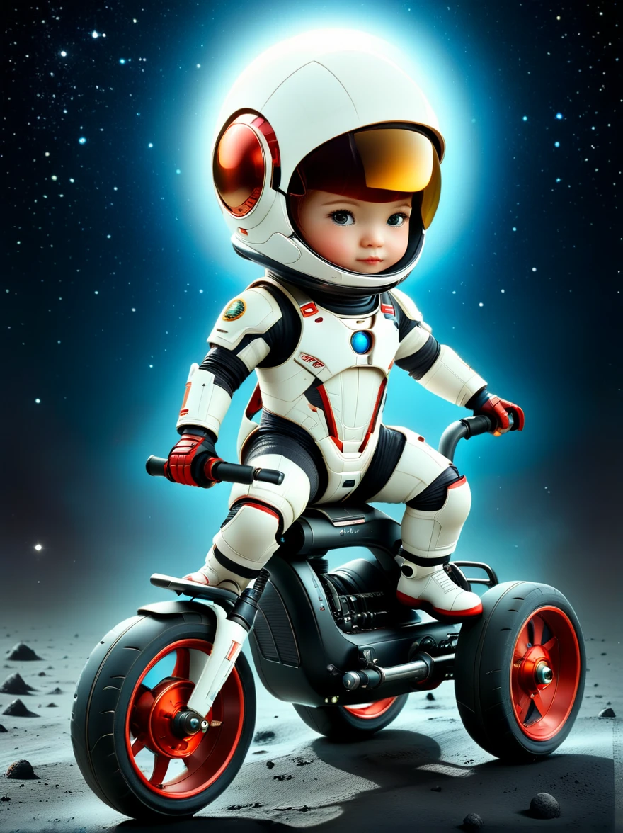 cinematic film still A visually striking chibi-style astronaut is depicted with remarkable detail, wearing a black tinted visor and a crisp white suit with red straps. This adorable hero is captured riding on a child's tricycle with big grippy tires, exploring the surface of the moon. The background showcases a delightful galaxy filled with stars and cosmic wonder. This conceptual art piece blends anime, photography, illustration, and typography to create a whimsical and imaginative portrayal of space exploration.