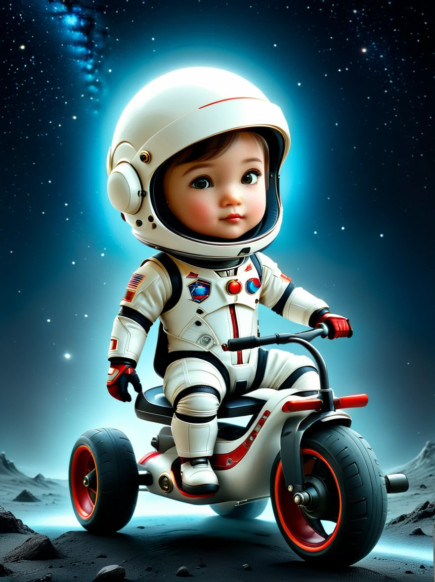 cinematic film still A visually striking chibi-style astronaut is depicted with remarkable detail, wearing a black tinted visor and a crisp white suit with red straps. This adorable hero is captured riding on a 's tricycle with big grippy tires, exploring the surface of the moon. The background showcases a delightful galaxy filled with stars and cosmic wonder. This conceptual art piece blends anime, photography, illustration, and typography to create a whimsical and imaginative portrayal of space exploration.