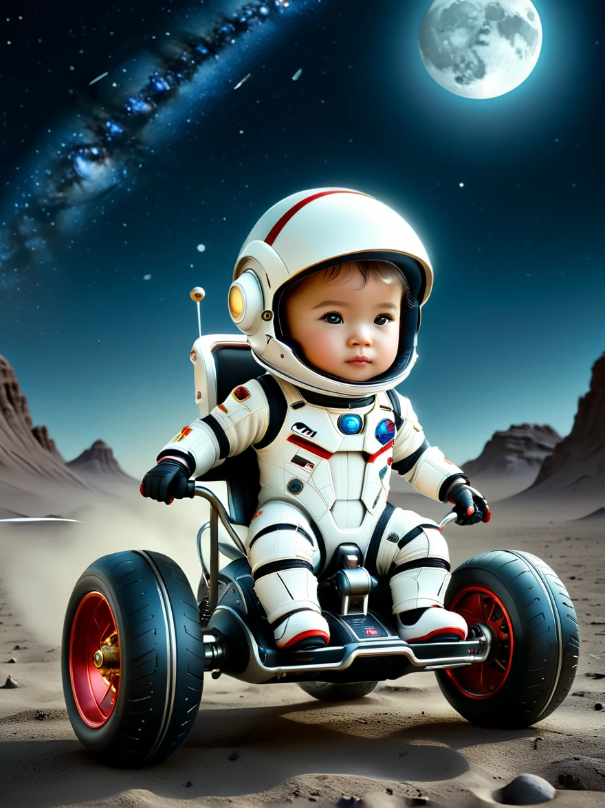 cinematic film still A visually striking chibi-style astronaut is depicted with remarkable detail, wearing a black tinted visor and a crisp white suit with red straps. This adorable hero is captured riding on a child's tricycle with big grippy tires, exploring the surface of the moon. The background showcases a delightful galaxy filled with stars and cosmic wonder. This conceptual art piece blends anime, photography, illustration, and typography to create a whimsical and imaginative portrayal of space exploration.