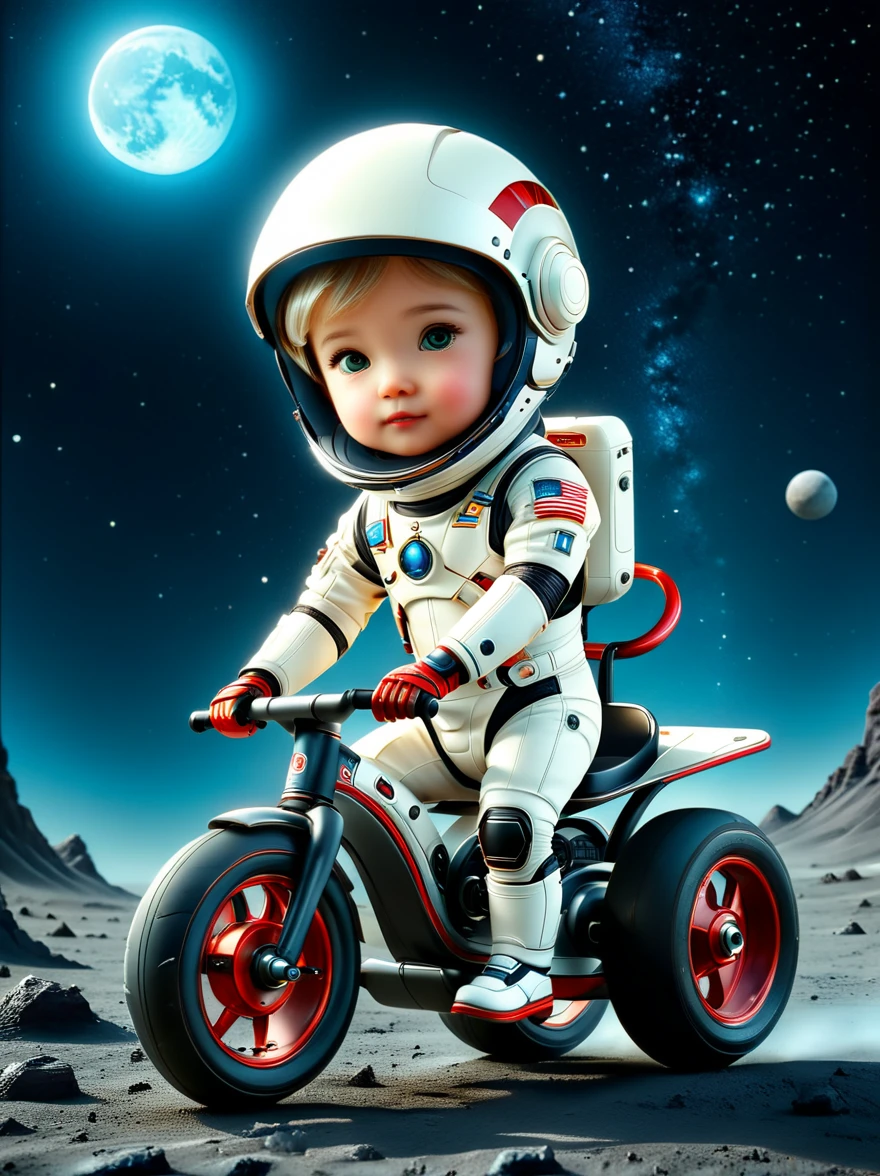 cinematic film still A visually striking chibi-style astronaut is depicted with remarkable detail, wearing a black tinted visor and a crisp white suit with red straps. This adorable hero is captured riding on a child's tricycle with big grippy tires, exploring the surface of the moon. The background showcases a delightful galaxy filled with stars and cosmic wonder. This conceptual art piece blends anime, photography, illustration, and typography to create a whimsical and imaginative portrayal of space exploration.