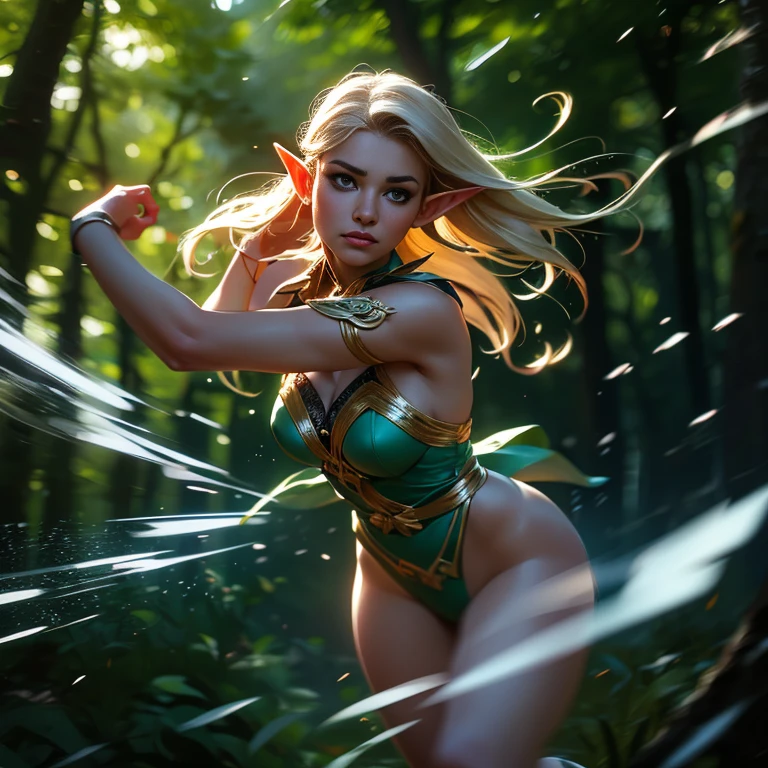 Many Elves、A shining elf flying in the air、A beautiful and delicate elf in a revealing outfit、(Elf movements expressed with motion blur effect:1.5)、(highest quality、4k、8k、High resolution、masterpiece:1.2)、Super detailed、(Real、Photorealistic、Photorealistic:1.37)、Detailed Elf、Anatomically correct fingers、Ethereal lighting、green々Leaf、Magical atmosphere、Dramatic Shadows、Stunning night forest scene in vibrant colors
