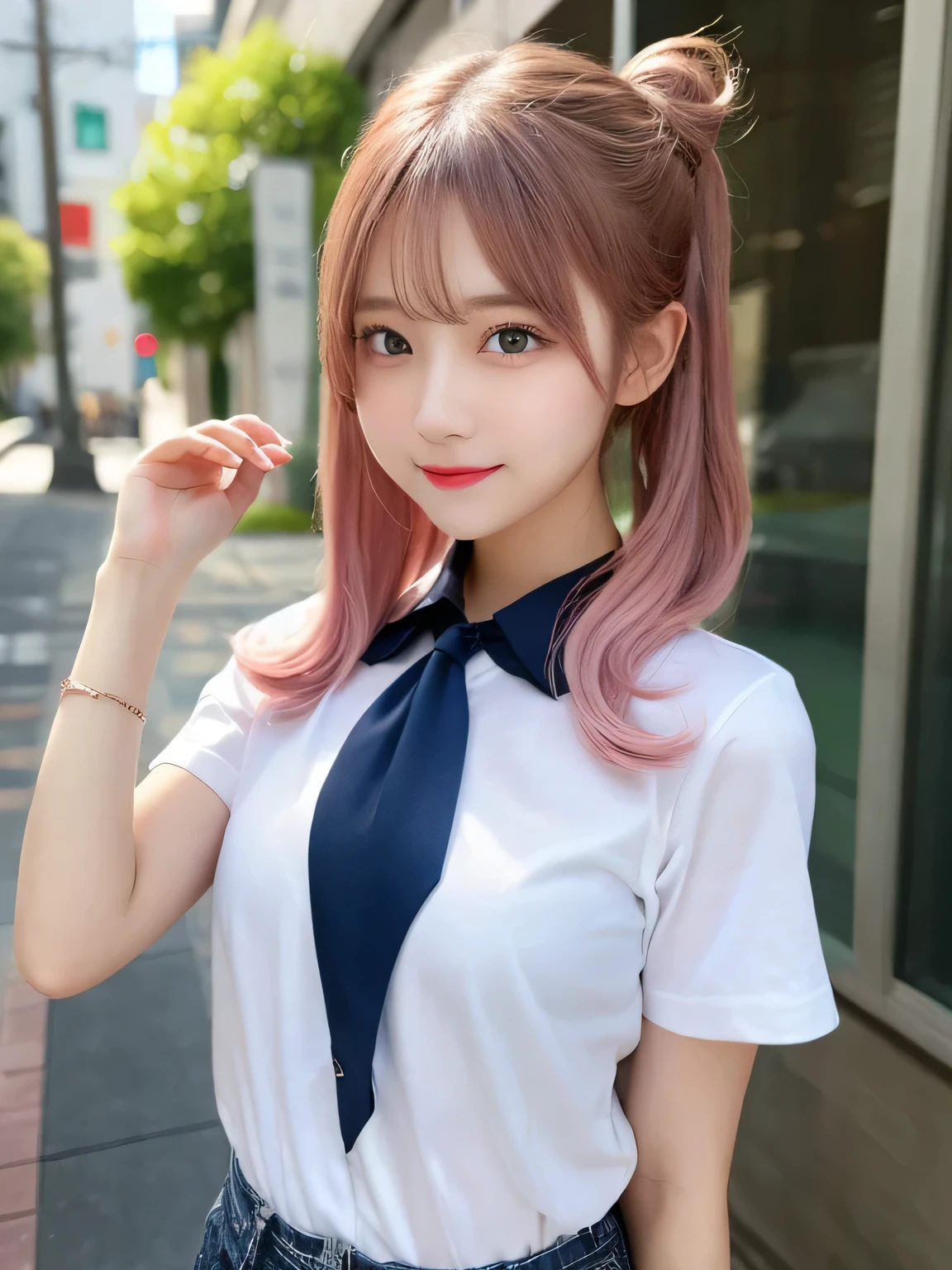 highest quality, figure, Pink Hair、sexy、slender、Navy blue tie、White shirt with front opening、Navy blue exy、Shapely small breasts、sexy、sexy、Very detailed, Fine details,Slim body、slender、Japanese girl、 High resolution, 8k,wallpaper, Perfect dynamic composition, Beautiful fine details, Short Twin Tails、Big Natural Color Lip, smile、Cold Stare,、Cute type、Lolita、Good Eyesle body,Pink wall,Sexy thighs are visible、