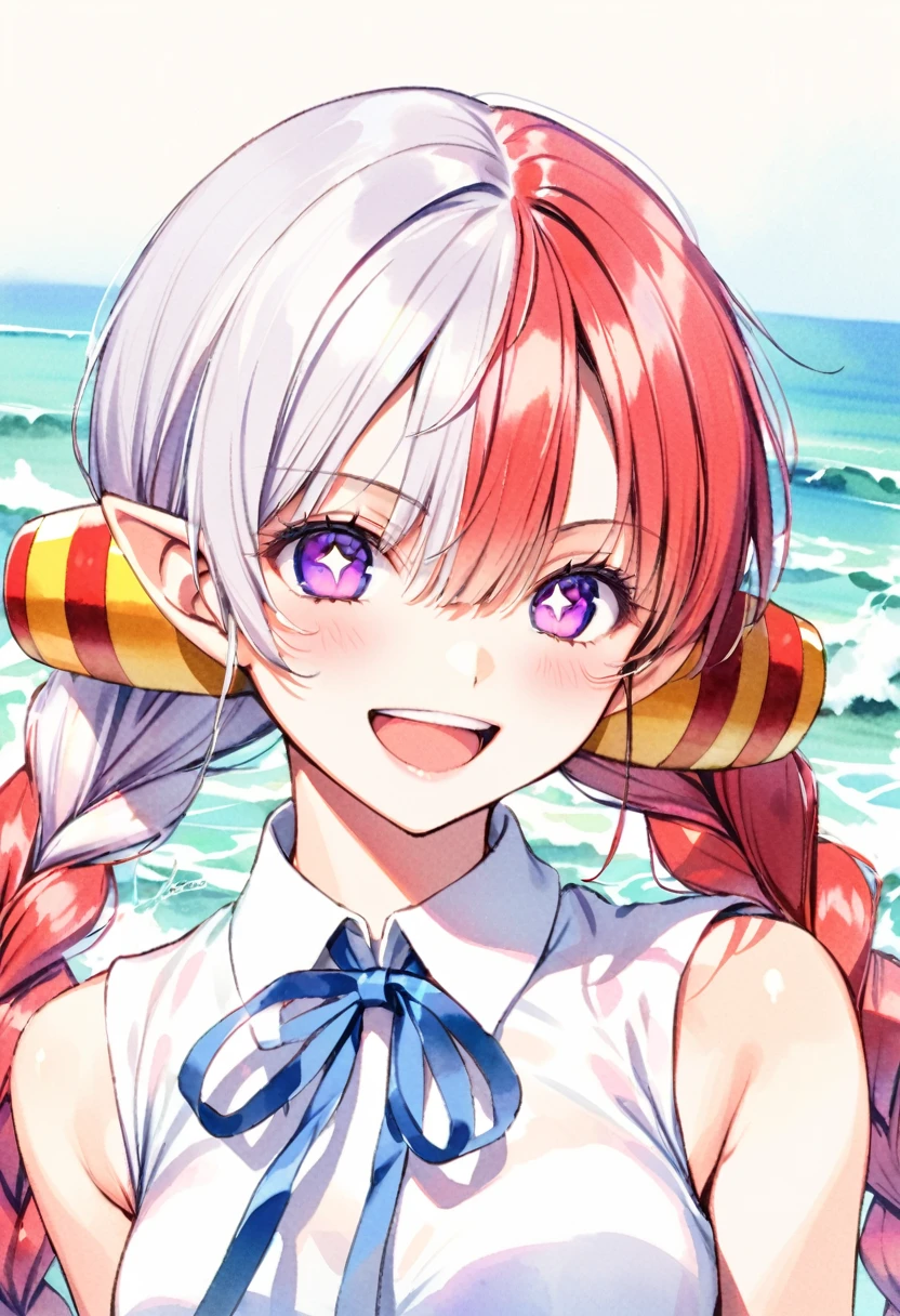 Uta (one piece), oDa Rongichiro, 1 elf girl,: D, bangs, blue ribbons, DiamonD shape D pupils, DiamonD (shape), Pointed ears, hair between two eyes, long hair, twin braids, multicoloreD hair, open mouth, purple eyes, reD hair, ribbons, shirt, signature, sleeveless, sleeveless shirt, smile, alone, (mixed hair), symbol shaped D pupils, white hair, white shirt, sea, one eye covereD, watercolor,