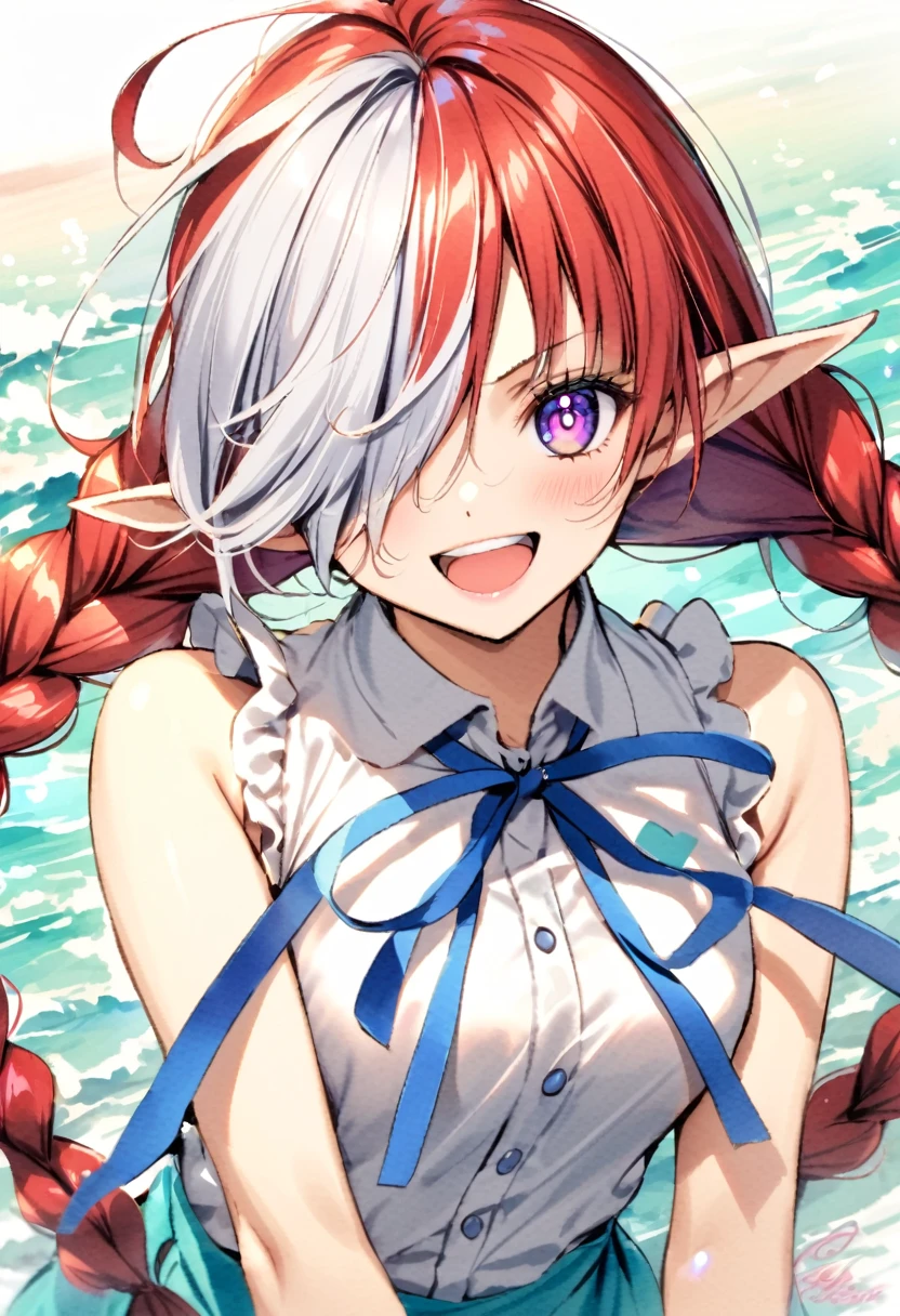 Uta (one piece), oDa Rongichiro, 1 elf girl,: D, bangs, blue ribbons, DiamonD shape D pupils, DiamonD (shape), Pointed ears, hair between two eyes, long hair, twin braids, multicoloreD hair, open mouth, purple eyes, reD hair, ribbons, shirt, signature, sleeveless, sleeveless shirt, smile, alone, (mixed hair), symbol shaped D pupils, white hair, white shirt, sea, one eye covereD, watercolor,