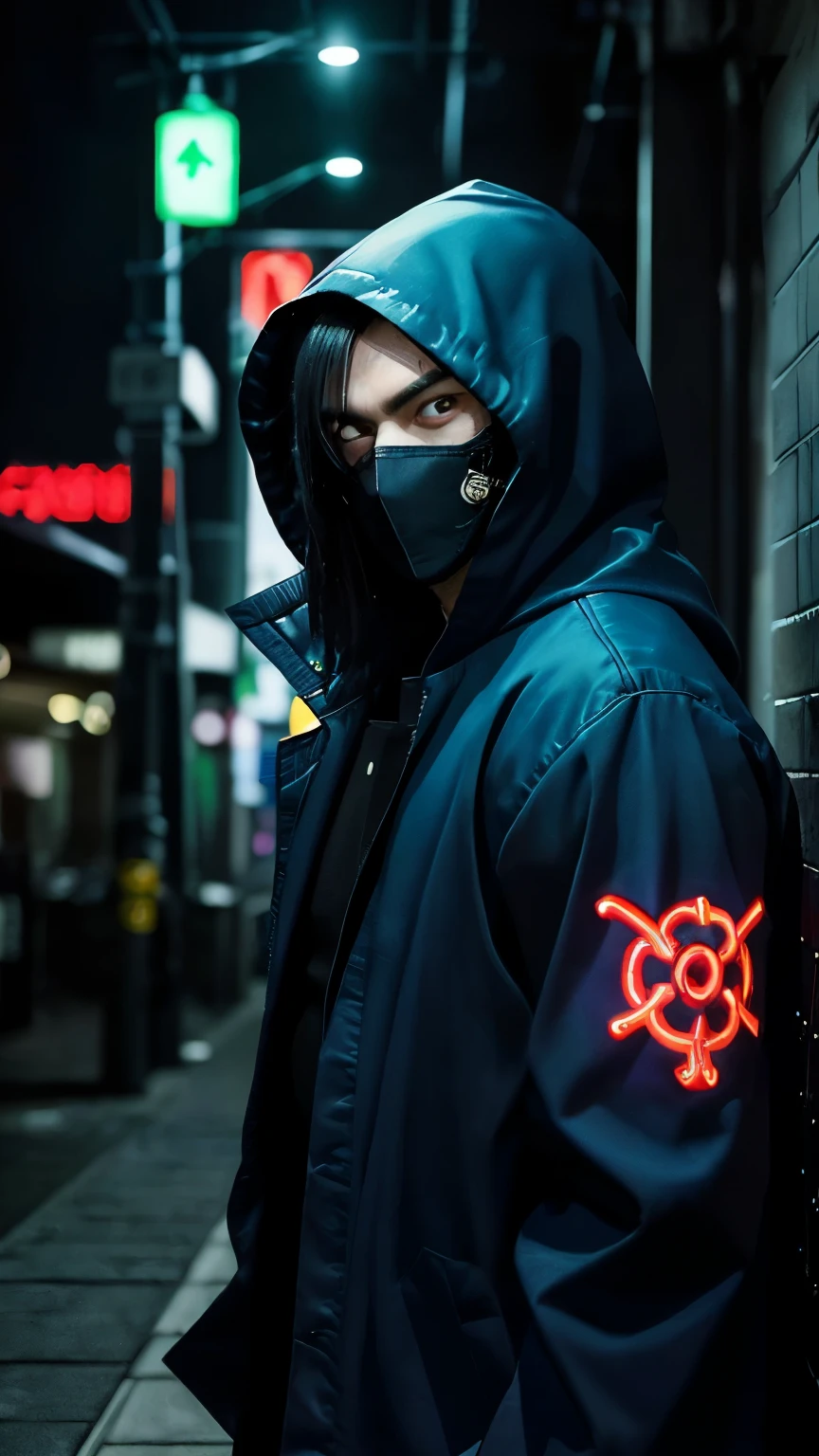 "Create a highly detailed and dynamic image of Yoru, the Japanese duelist from Valorant. Yoru is a stealthy and cunning character with a mysterious background. He should be depicted wearing his signature blue jacket, with a hood partially covering his face, and a confident, determined expression. His attire should have futuristic and samurai-inspired elements, with a sleek and modern design. Incorporate elements of his abilities, such as a ghostly afterimage to represent his 'Fakeout' ability and a glowing portal to symbolize his 'Gatecrash' ability. The background should be a dark, urban environment with neon lights, emphasizing his stealth and the high-tech world of Valorant."