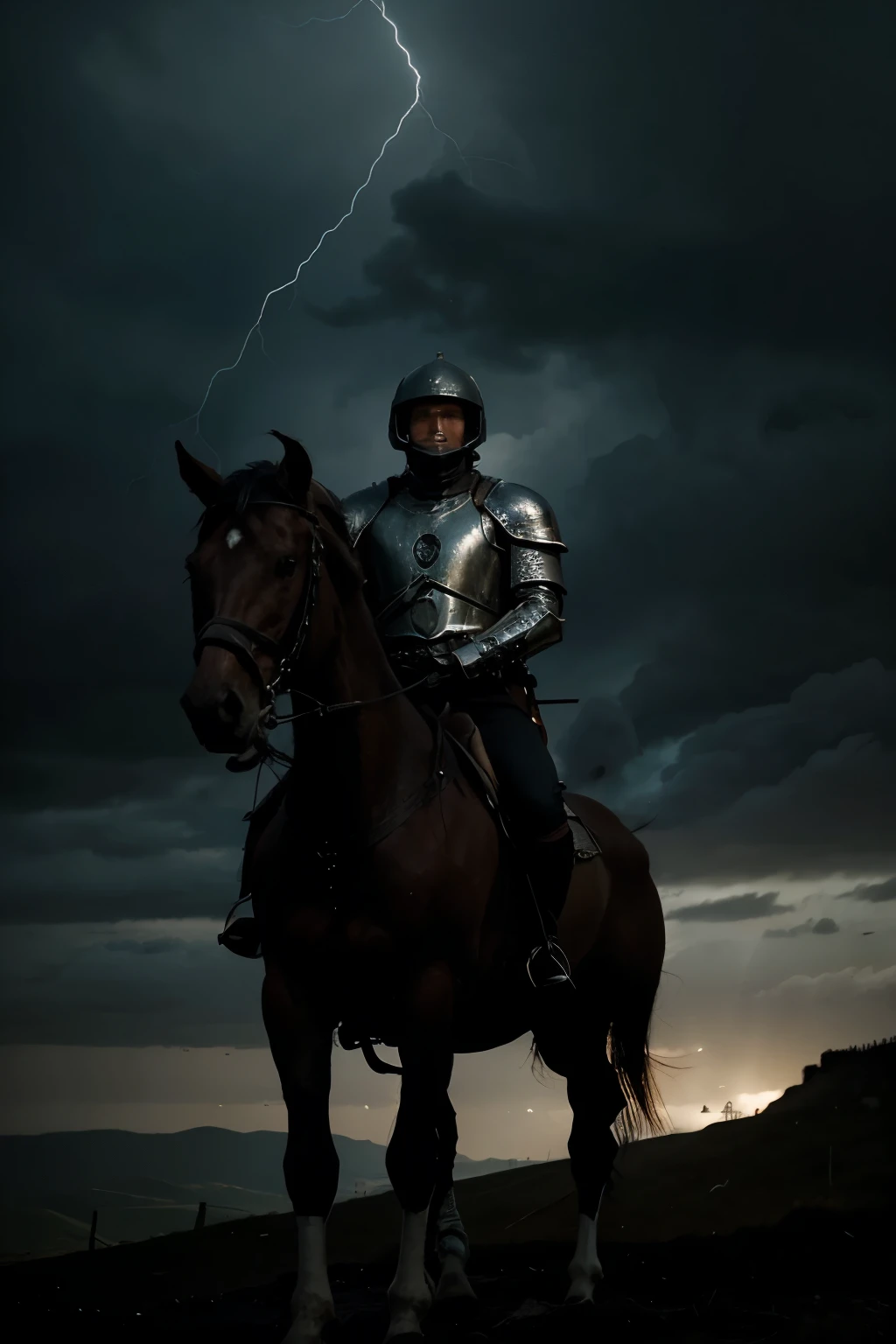 "I need a picture of a lone knight in full armor, ajoelhado em um campo aberto. The rider must be in a certain position, ready to face a gigantic army, with more than a million enemy troops. The setting should be dramatic, with a dark and stormy sky. Enemy troops must extend to the horizon, creating a feeling of immensity and tension. Lighting should highlight the rider against the gloomy backdrop, emphasizing his courage and loneliness in the face of the enormous challenge."