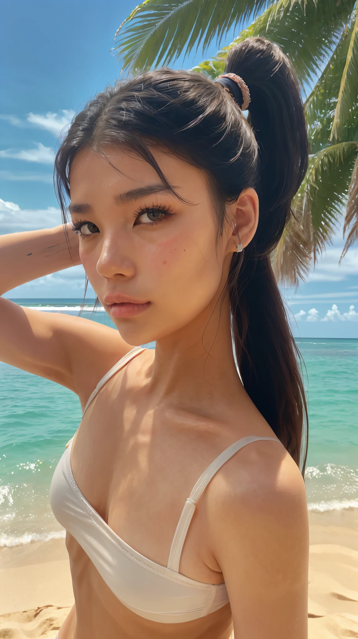 Portrait of a middle-aged Taiwanese woman, 40 years old, cute face, Slim, Tortitz, (big sagging:1.1), huge nipples, wear (Sexy bikini1.2),, Bokeh background, beach background,paradise background ,clear water(highly refined skin:1.0), (masterpiece:1.2) (lifelike:1.2) (Bokeh) (best quality) (intricate details) (8K) (high dynamic range) (analog film) (canon d5) (movie lighting) (sharp focus),tie a ponytail,Lying in sand,beautiful hands,cute hands