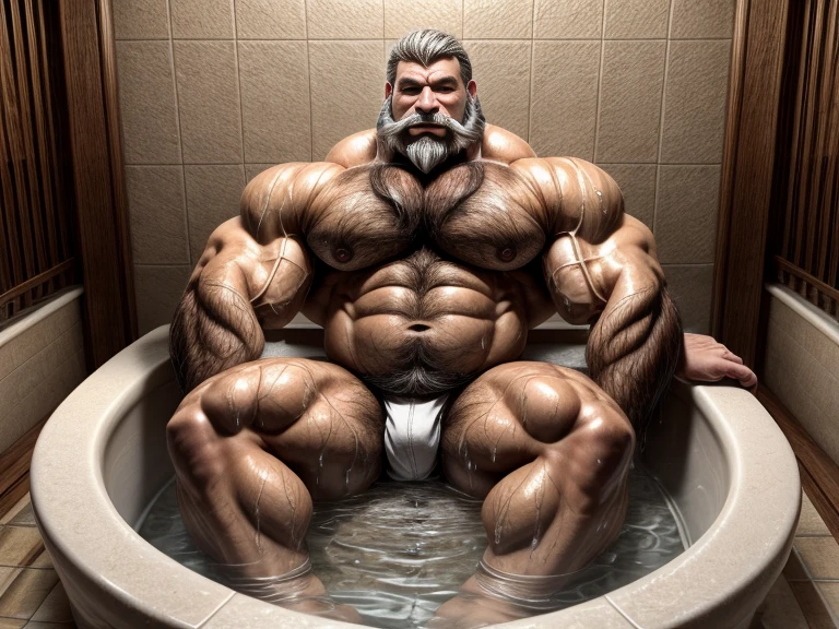 burly virile hairy man, a himbo muscle daddy, middle-aged dilf, hirsute, overmuscular and musclebound, bulging veiny muscles, bushy beard and thick mustache, grey hair, a bodybuilder's physique, a warrior's build, chest and belly covered with a lush and thick carpet of hair, hairy chest, hairy abs, hairy arms and legs, wet and covered in bubbles and white foam as he washes himself in the public bath, scrubbing his body