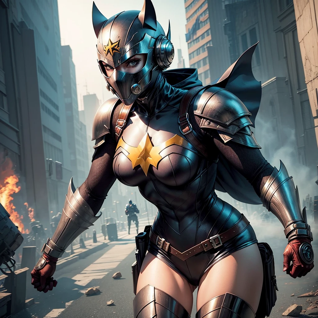 A female superhero wears a leather armored suit and wears a mask over her face