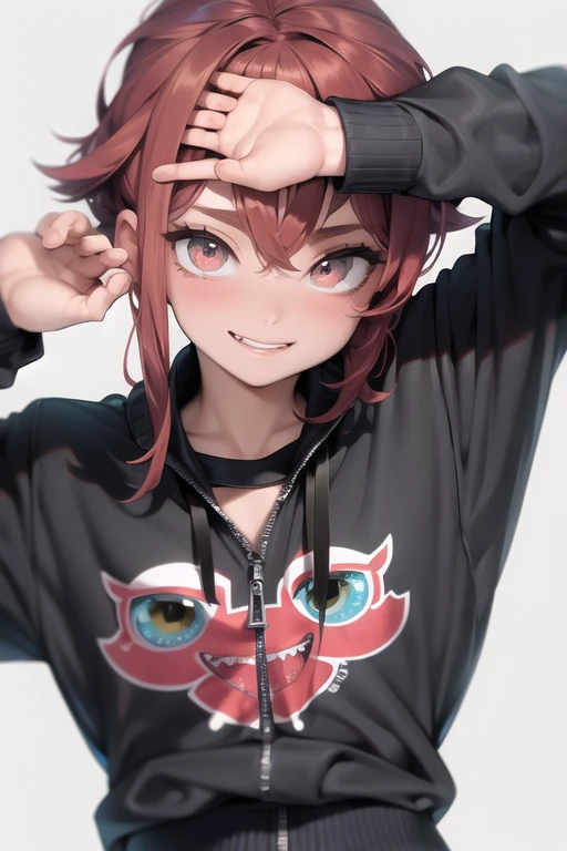 Retrato de una Vtuber argentina llamada NimuVT con calidad de obra maestra, ultra detallado, high quality and high resolution. Tiene el pelo de dos tonos con el pelo corto y negro con flequillo ligeramente desordenado, pelo largo rojo con el interior coloreado de negro, y su cabello cubre parcialmente sus ojos. Tiene ojos marrones oscuros y penetrantes, y un ojo es negro y el otro rojo. Tiene una figura delgada, bien definida y con busto prominente. He is smiling with his mouth open, sonrojada y lleva una gargantilla negra. Viste pantalones cortos negros rasgados, zapatillas de tenis azules y una blusa rosa con tirantes que deja ver el ombligo. Sostiene un hacha en su mano derecha, lleva una mochila en la espalda y una chaqueta con los hombros descubiertos. He is looking at the viewer against a black background, cuerpo completo