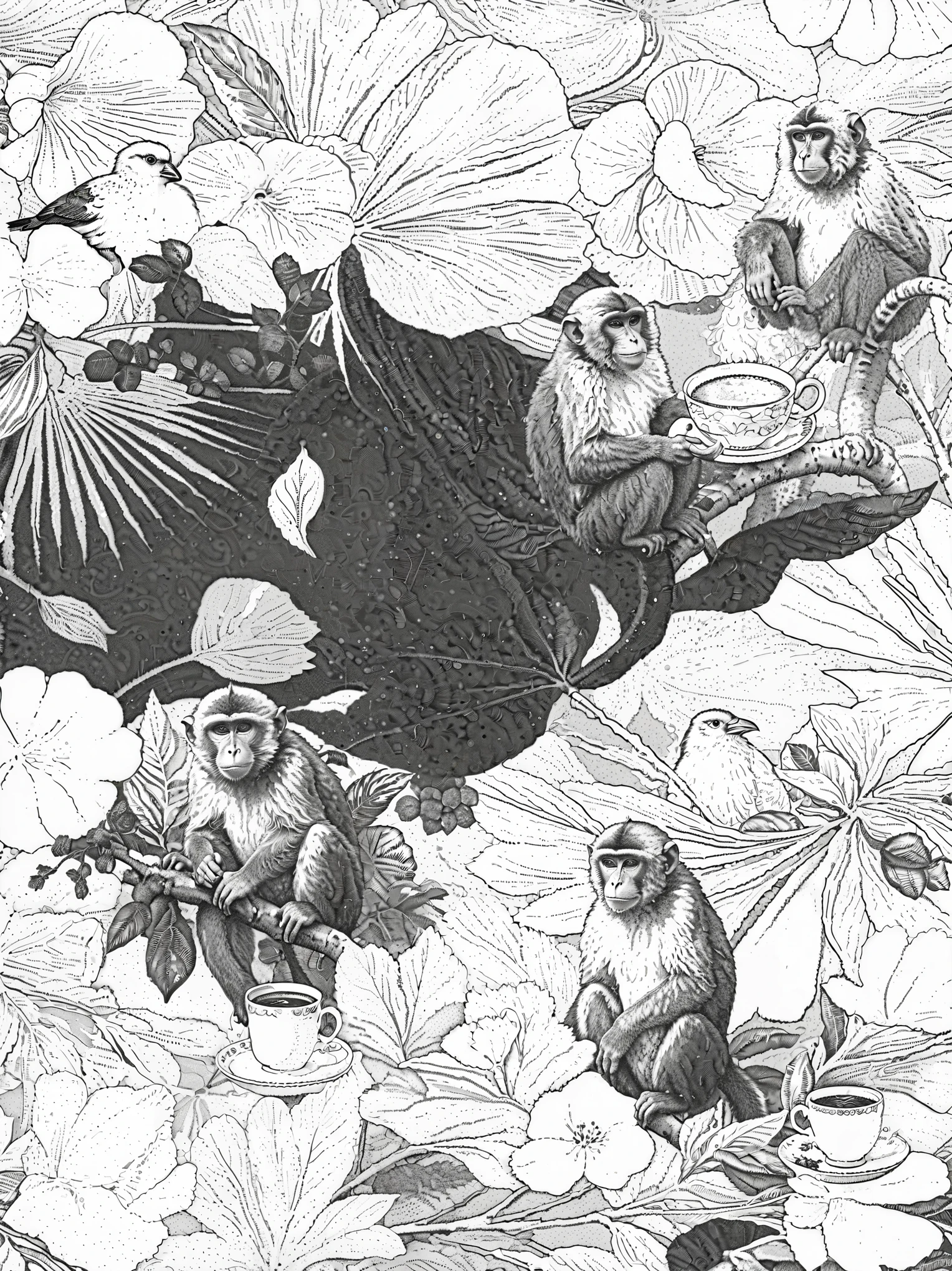 there are many monkeys sitting on the flowers, line - art, black and whitehighly detailed, engraving illustration, black and white detailed sketch, highly detailed linework, black and white engraving, sketch black and white colors, highly detailed drawing, botanic foliage, botanical background, extremely detailed linework, black on white line art, black and white line art, a flock of beautiful monkeys sitting on colorful flowers and coffee cups, black and white line art, highly detailed engraving illustration, victorian style, intricate detailed sketch, chiaroscuro lighting, photorealistic, (best quality,4k,8k,highres,masterpiece:1.2),ultra-detailed,(realistic,photorealistic,photo-realistic:1.37)