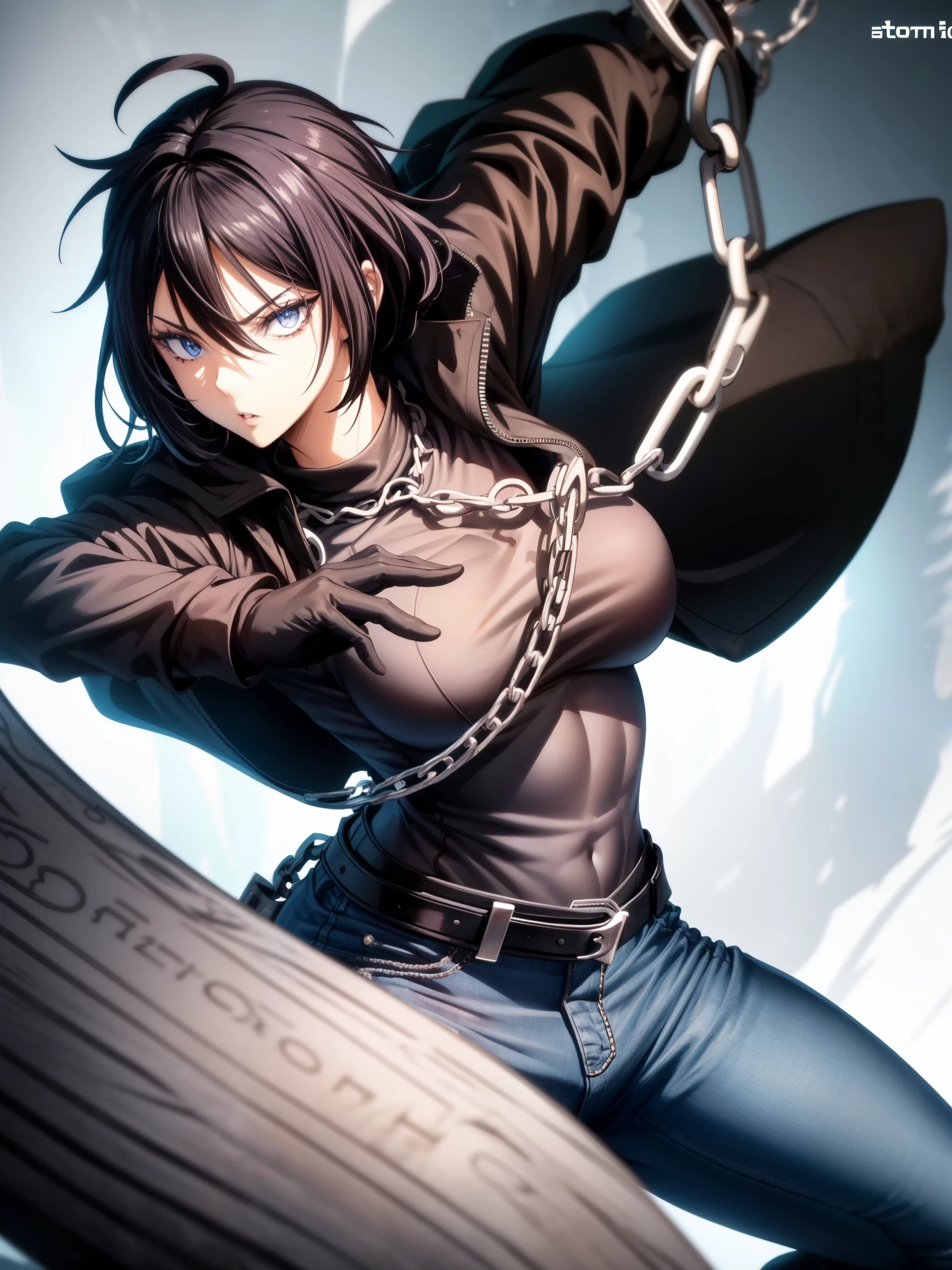 score_9、score_8_up、score_7_up、Monochrome ink、One girl、decision、Tomboy、Black jacket、Tight jeans、chain、Fighting Pose、Dynamic Background、slim、thin、Large Breasts、masterpiece、Detailed face
