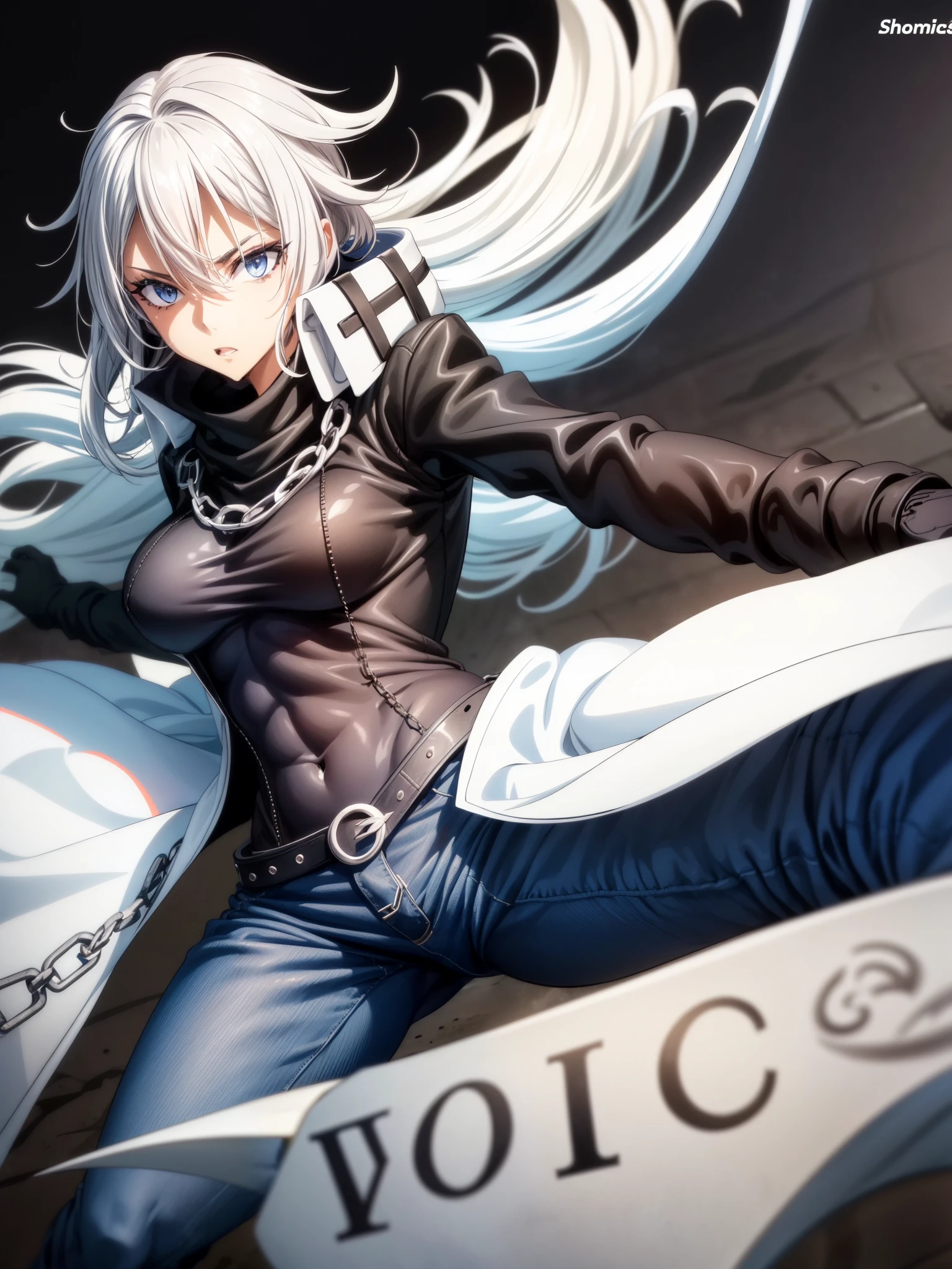 score_9、score_8_up、score_7_up、Monochrome ink、One girl、decision、Tomboy、Black jacket、Tight jeans、chain、Fighting Pose、Dynamic Background、slim、thin、Large Breasts、masterpiece、Detailed face