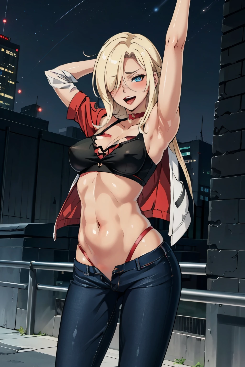  1girl, (sexy, beautiful woman, perfect face, perfect eyes, perfect female body, medium breasts:1.5), (KurumiSSakazaki, long hair, blonde hair,  gloves,  red choker,  hair over one eye, blush, lipstick, fur trim, mature female, gloves, fur-trimmed coat, outdoors, rooftop, cityscape, building, railing, night, night sky, scenery, city lights, lipstick, jacket, masterpiece,high quality,4k, bare shoulder,belly,crop top,outdoor,cleavage,jeans,casual dress,street,road,smile, open mouth, (nsfw) not safe for work, holding a gun,handgun, evil expression, exposed belly, exposed navel, exposed midriff, exposed lower belly, crop top overhang, underboob, unbuttoned jeans , low rise black jeans, Low rise jeans, Low rise jeans with open fly, arms sideway, arms T-pose, smirk, standing, anime girl T posing,