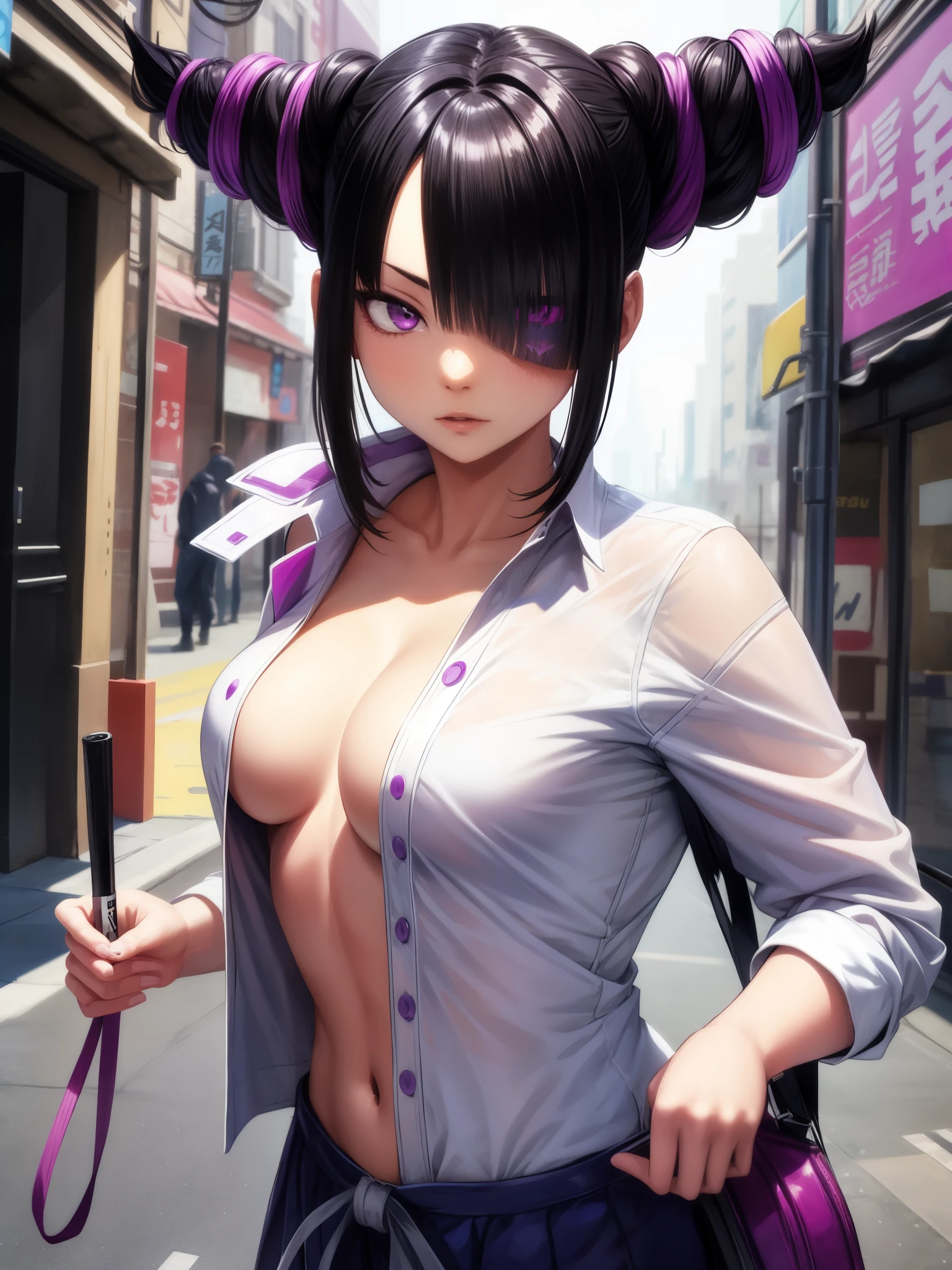 score_9、score_8_up、score_7_up、One girl、Han Juri、Street Fighter、Black Hair、Purple Eyes、Hair over one eye。White shirt tied in front、Open shirt、check