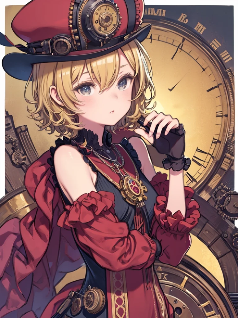 close, Straight blonde short curly hair girl little red hat, Necklace Watches, (Victorian era), ((steampunk)), Cinematography, worked, elegant, Scrupulous, grow, Maximum details, Extremely aesthetic, Exquisitely crafted, Lots of gear, Old town background
