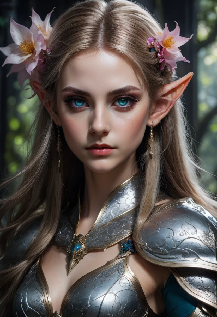 Elf, (long pointed ears:1.5), Artgerm, WLOP, Greg Rutkowski; Beautiful Elf, Detailed Pupils, Intricately Designed Flower Armor, Perfect Face, Photograph Taken on Nikon D750, Intricate, Elegant, Digital Illustration, Scenic, Hyper-Realistic, Hyper-Detailed, 8k sinister by Greg Rutkowski horror Gustave Doré Greg Rutkowski, Super Hero Stance