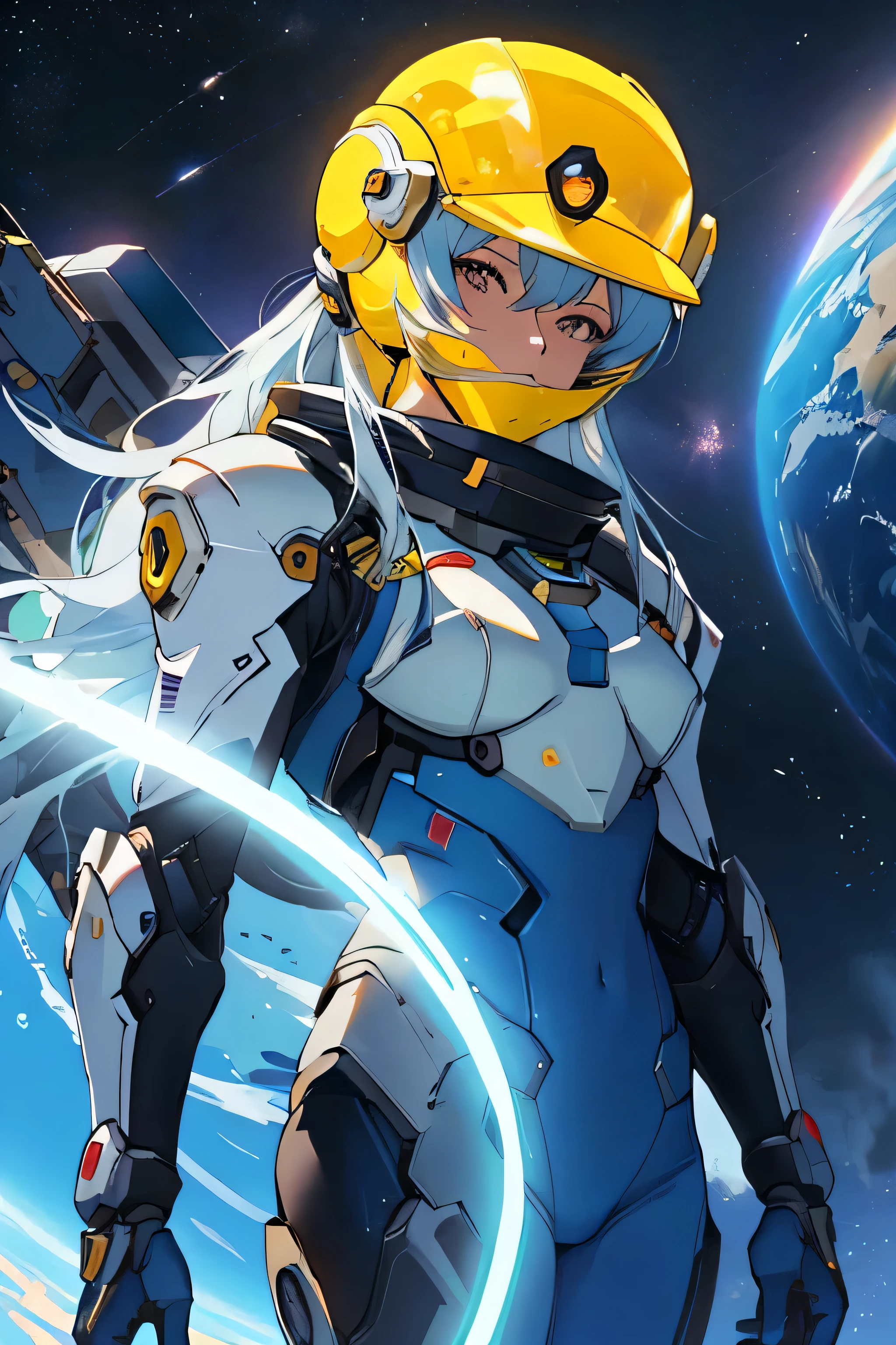 A cartoon character wearing a yellow hat and yellow gloves is standing in front of a planet, Portrait Anime Astronaut Girl, Best Anime 4K Konachan Wallpaper, Echoes from Overwatch, Armored astronaut girl portrait, ayanami, Guilty Gear Strike Splash Art, Amazing Anime 8K, Girl wearing mecha cyber armor, Afrofuturism anime, Overwatch Fan Art, Perfect anime cyborg woman, Ash
