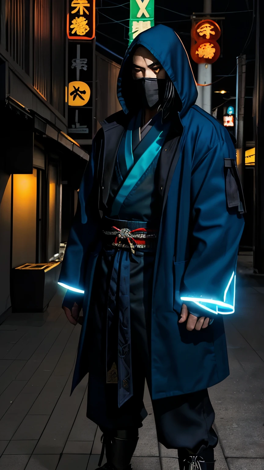 "Create a highly detailed and dynamic image of Yoru, the Japanese duelist from Valorant. Yoru is a stealthy and cunning character with a mysterious background. He should be depicted wearing his signature blue jacket, with a hood partially covering his face, and a confident, determined expression. His attire should have futuristic and samurai-inspired elements, with a sleek and modern design. Incorporate elements of his abilities, such as a ghostly afterimage to represent his 'Fakeout' ability and a glowing portal to symbolize his 'Gatecrash' ability. The background should be a dark, urban environment with neon lights, emphasizing his stealth and the high-tech world of Valorant."