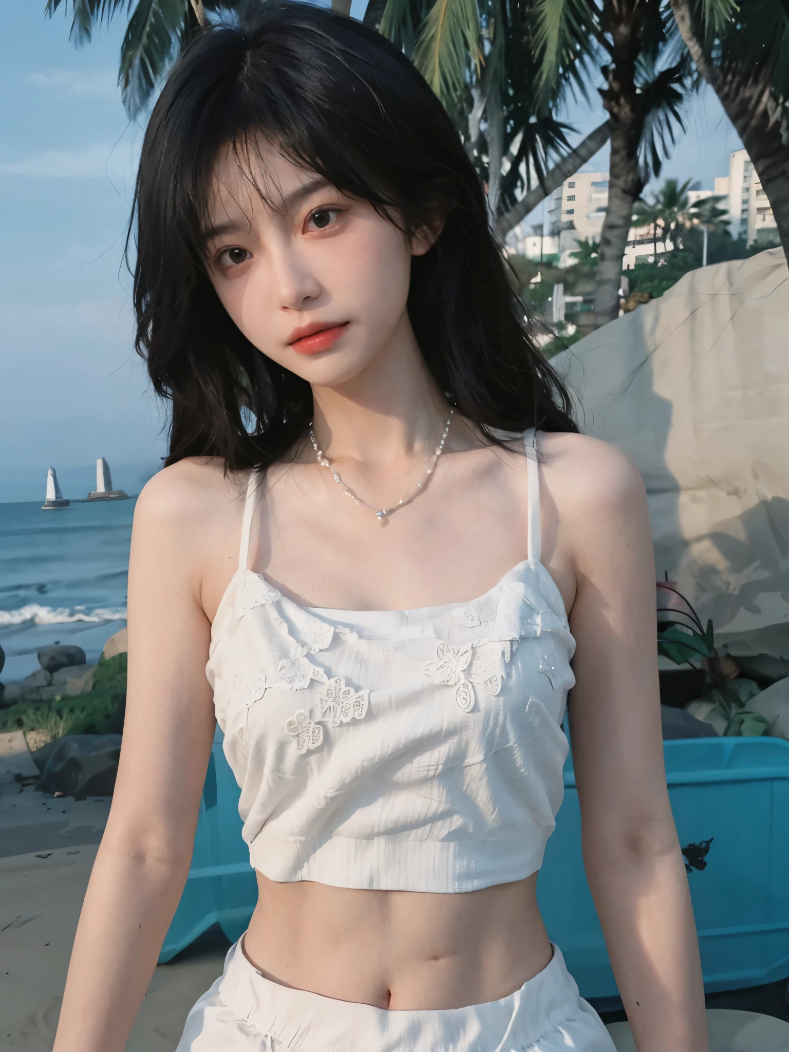 Best quality，Ultra-high resolution，（lifelike：1.4），Cute hairpin，1girll，Long curly hair，jk，Blush，Slim beauty：1.4，Visible abdominal muscles，on the beach，Ultra-fine face，Exquisite eyes，Double eyelids，necklace