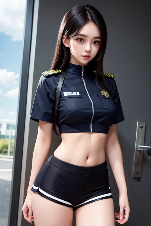 Girl in crop top security guard uniform, showing navel