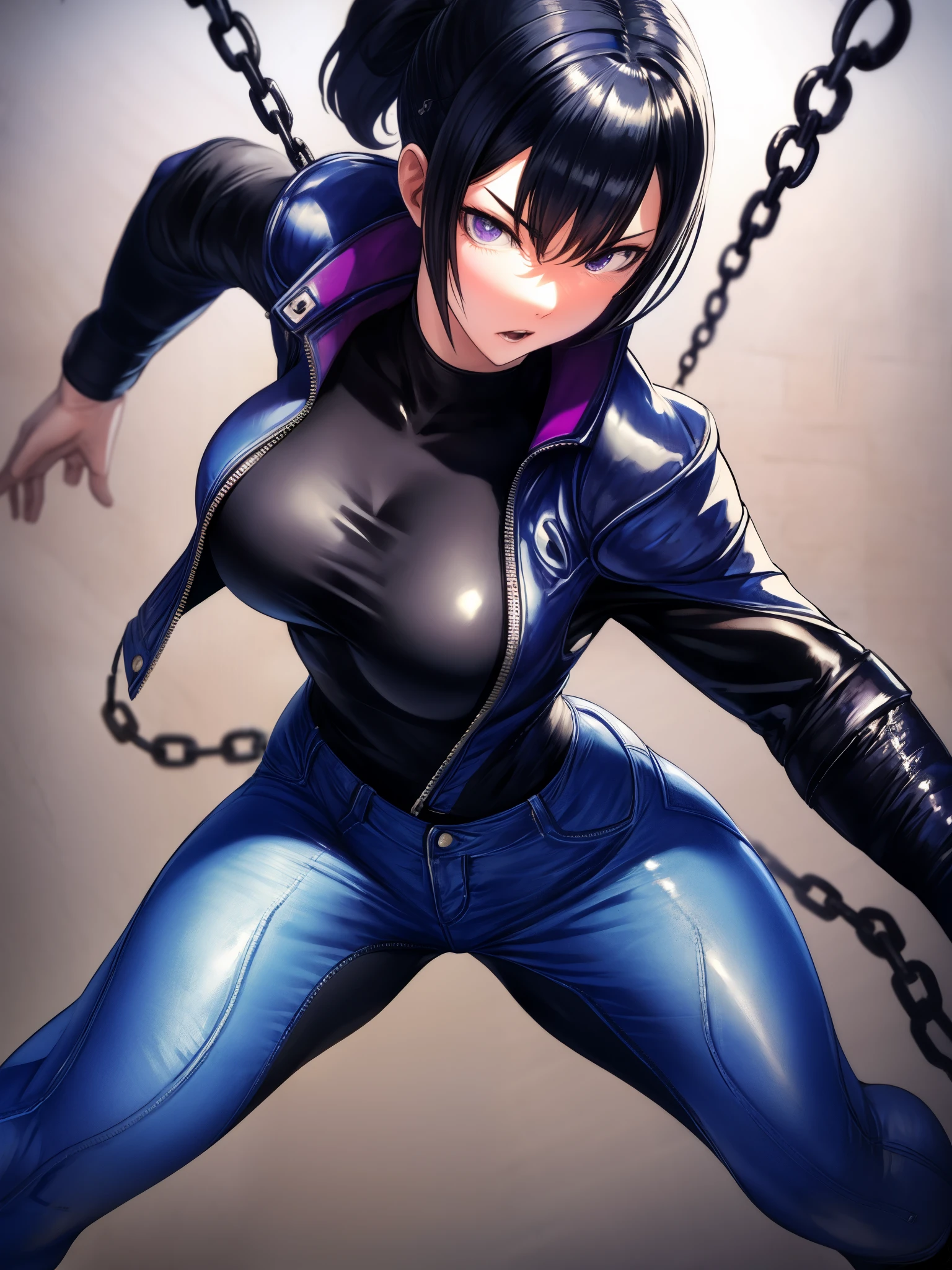score_9、score_8_up、score_7_up、Monochrome ink、One girl、decision、Tomboy、Black jacket、Tight jeans、chain、Fighting Pose、Dynamic Background、slim、thin、Large Breasts、masterpiece、Detailed face